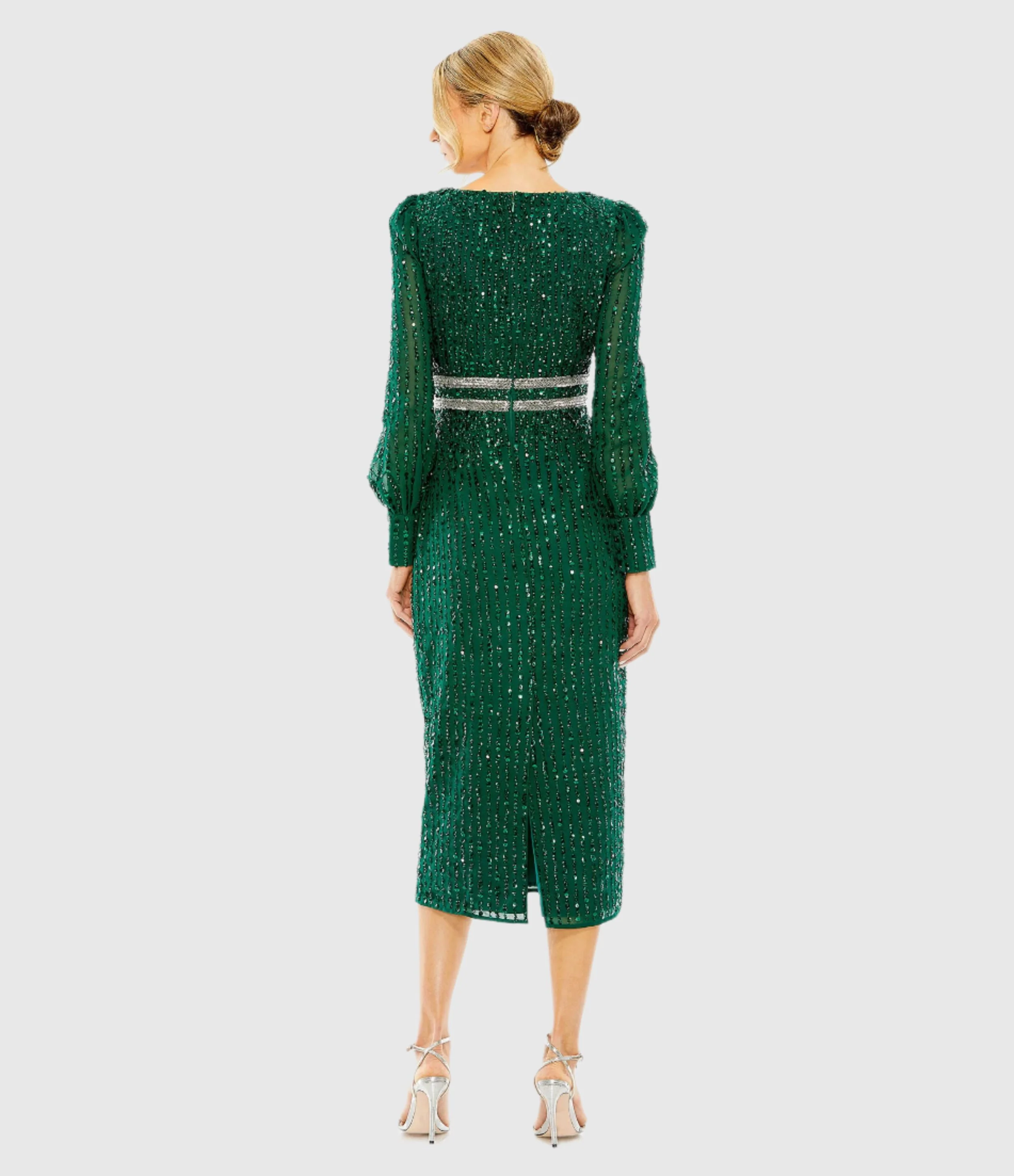 Green Sequined V Neck Bishop Sleeve Dress