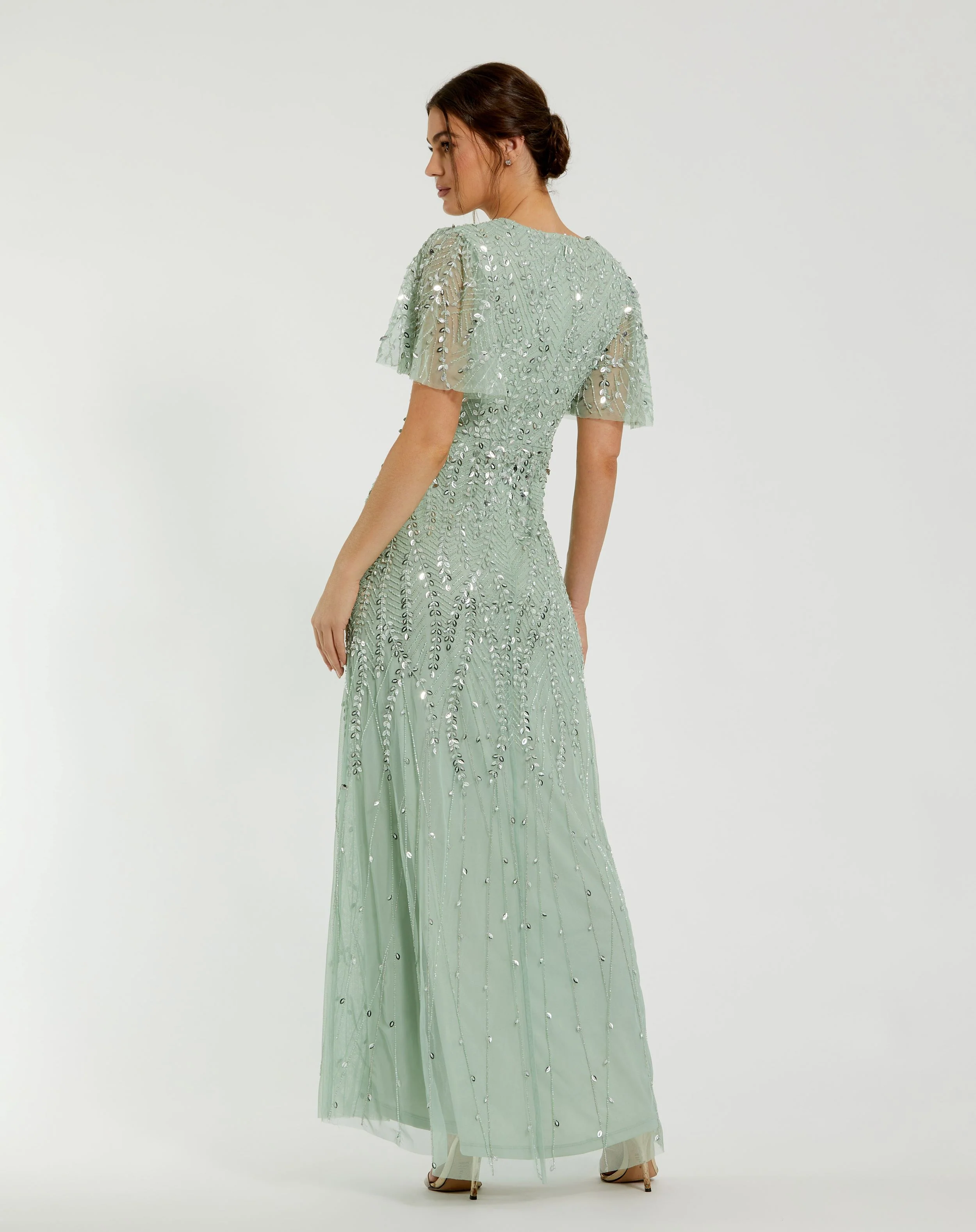 Green Beaded Wrap Over Butterfly Sleeve Column Gown