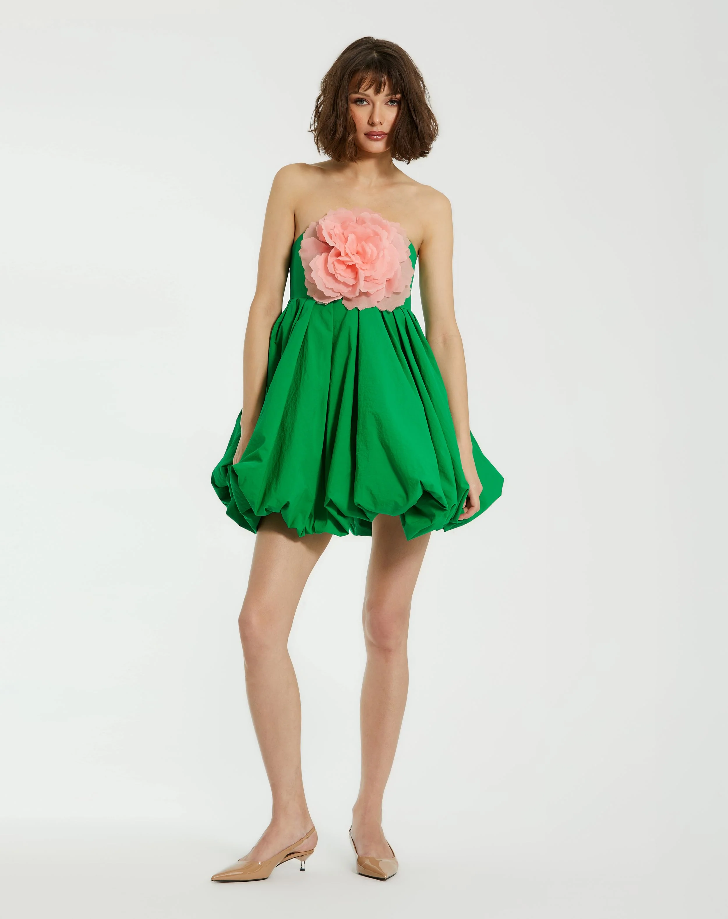 Green Strapless Faille Mini Dress With 3D Flower