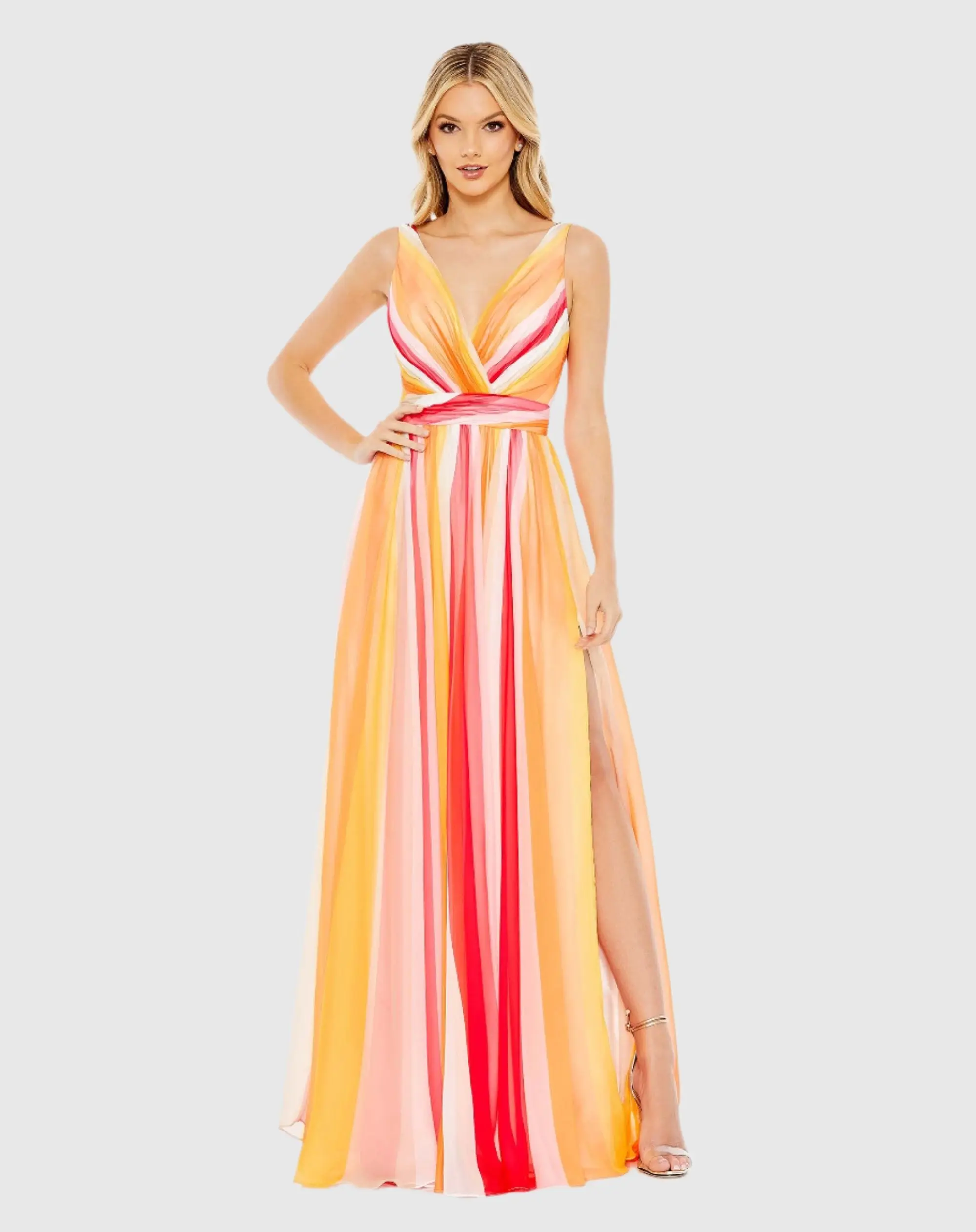 Orange Multicolor Striped Multi Sleeveless Gown