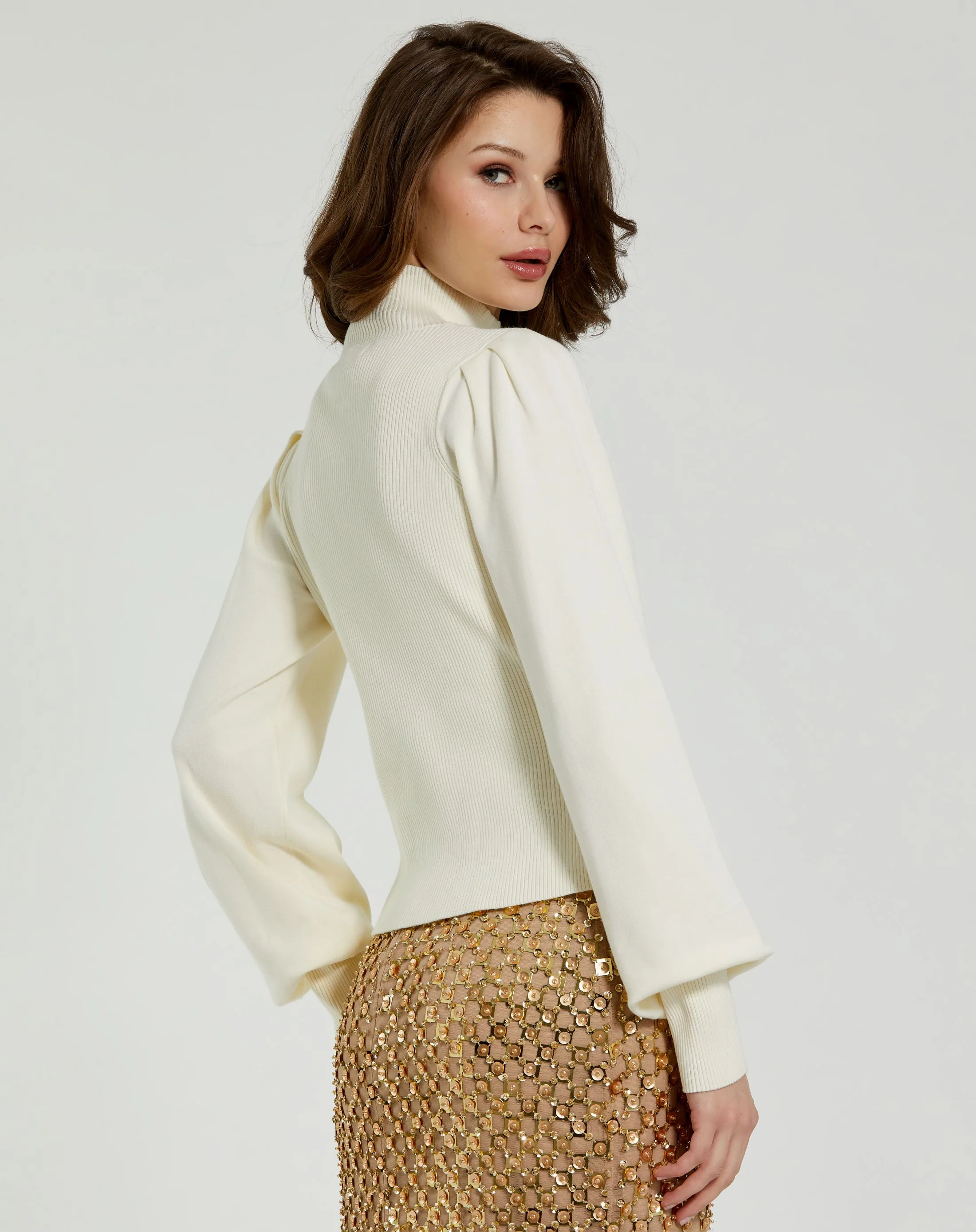 Ivory Ribbed Knit Balloon Sleeve Turtle Neck Sweater - FINAL SALE