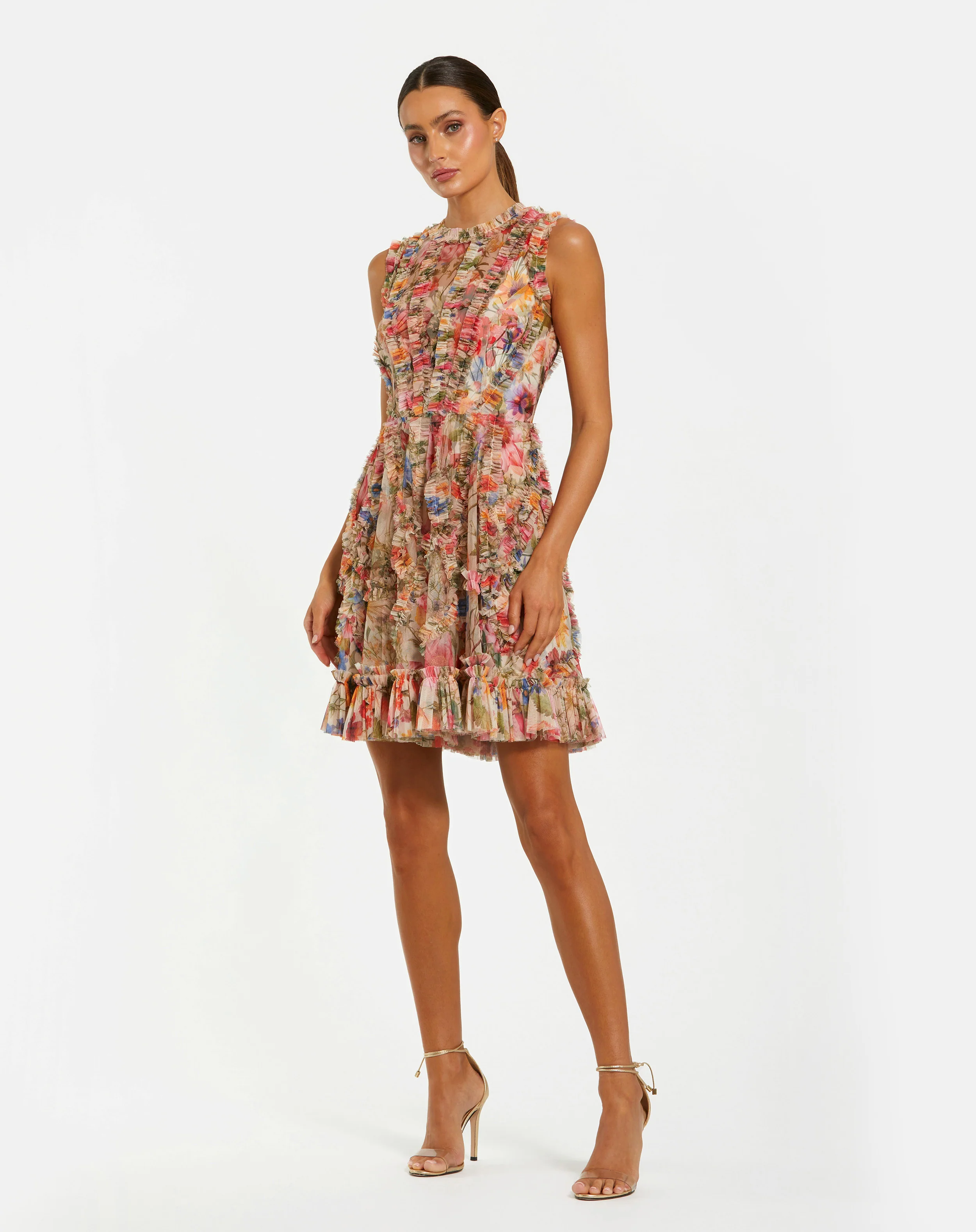 Multicolor Mesh Micro Ruffle High Neck Mini Dress