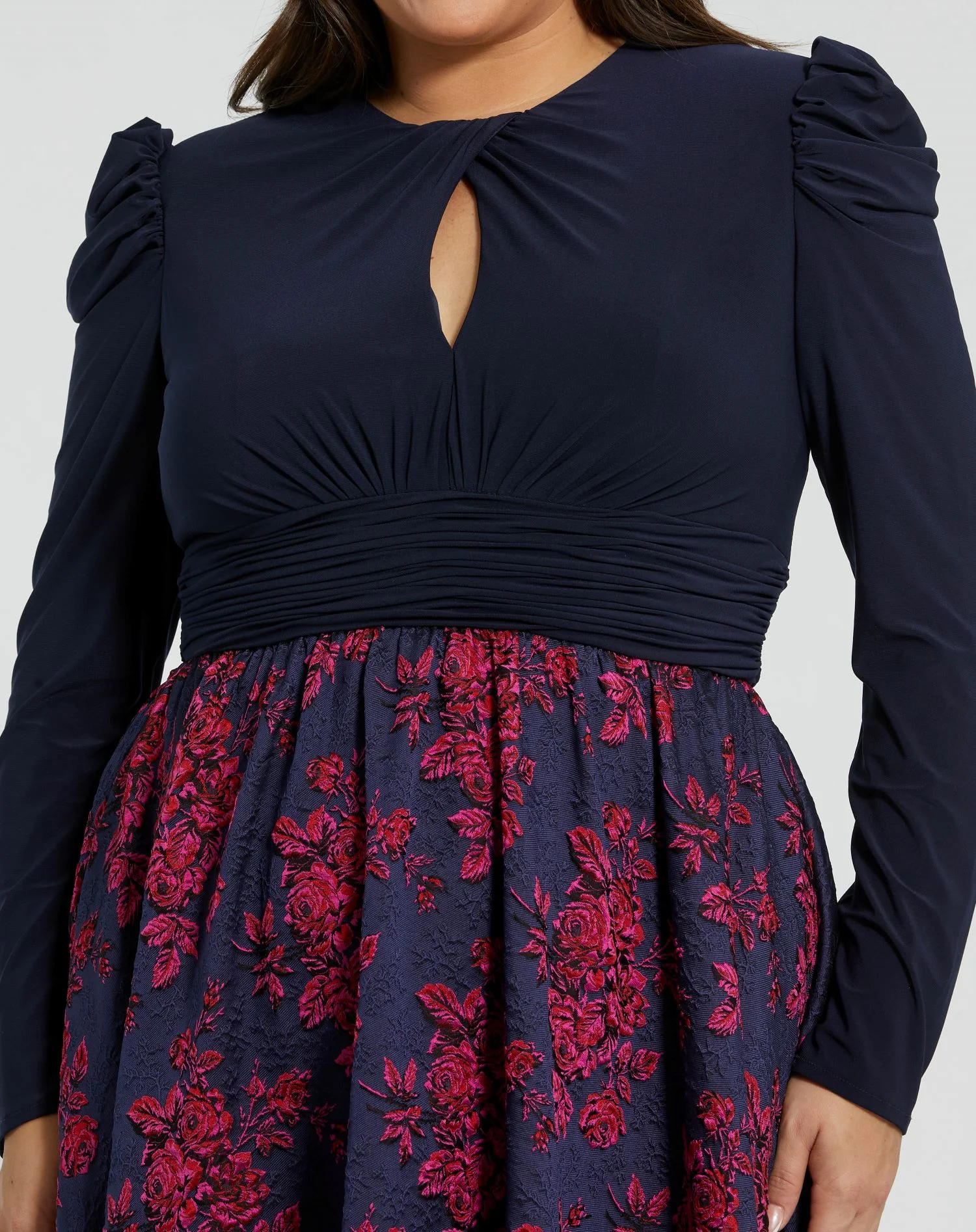 Blue Long Sleeve Keyhole Knot Neck Floral Bottom Gown