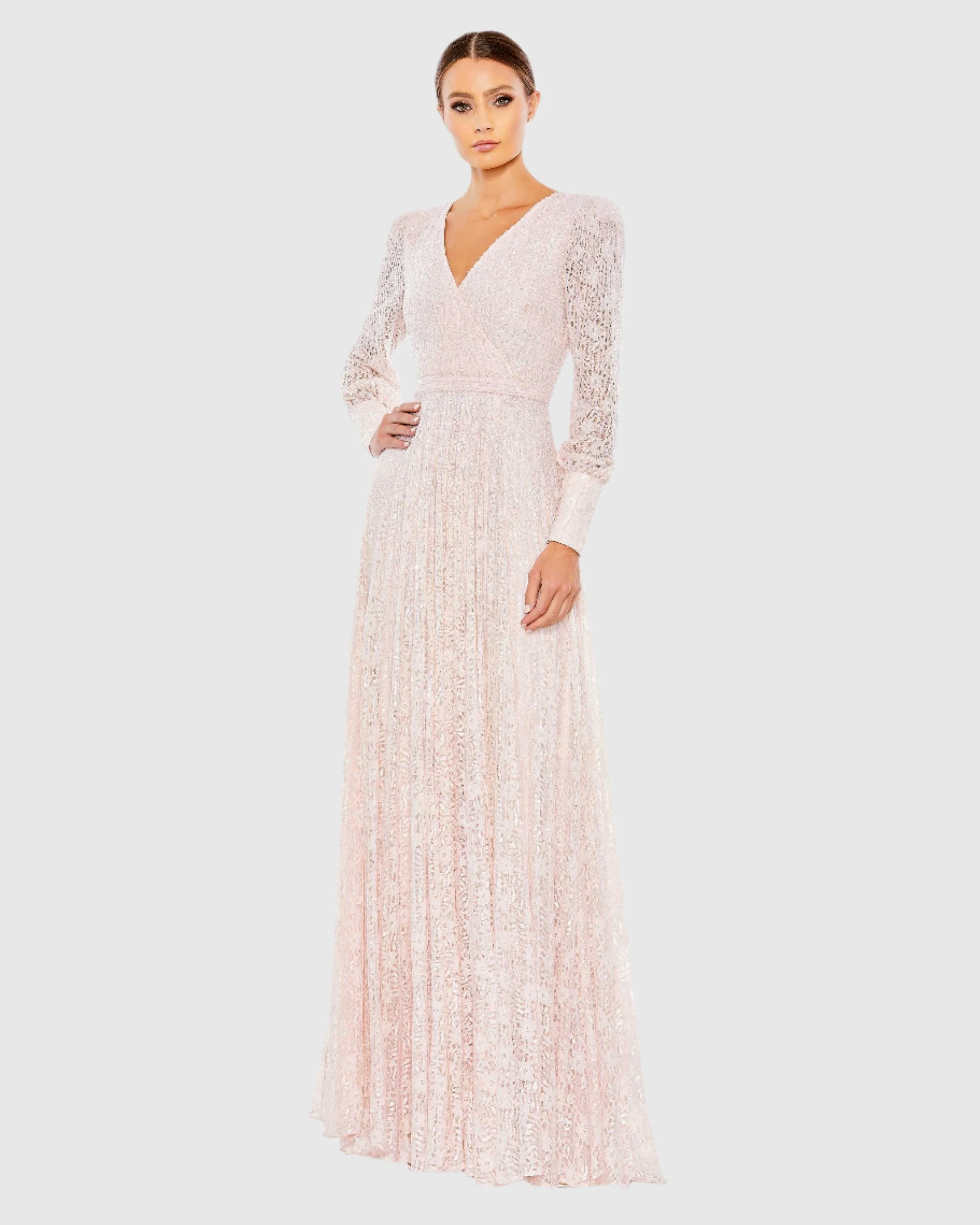 Pink Beaded Lace Long Sleeve Wrap Over Gown