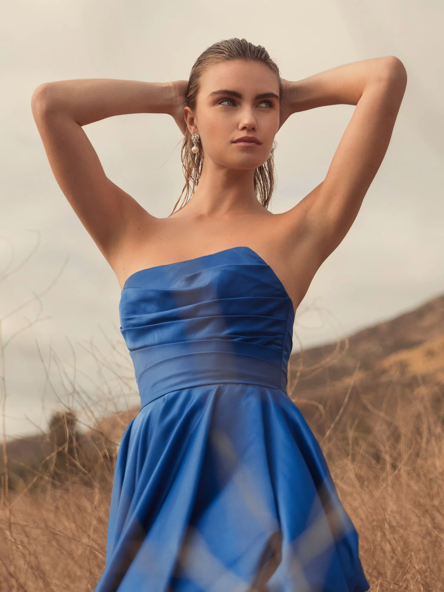 Blue Strapless Ruched High Low Gown