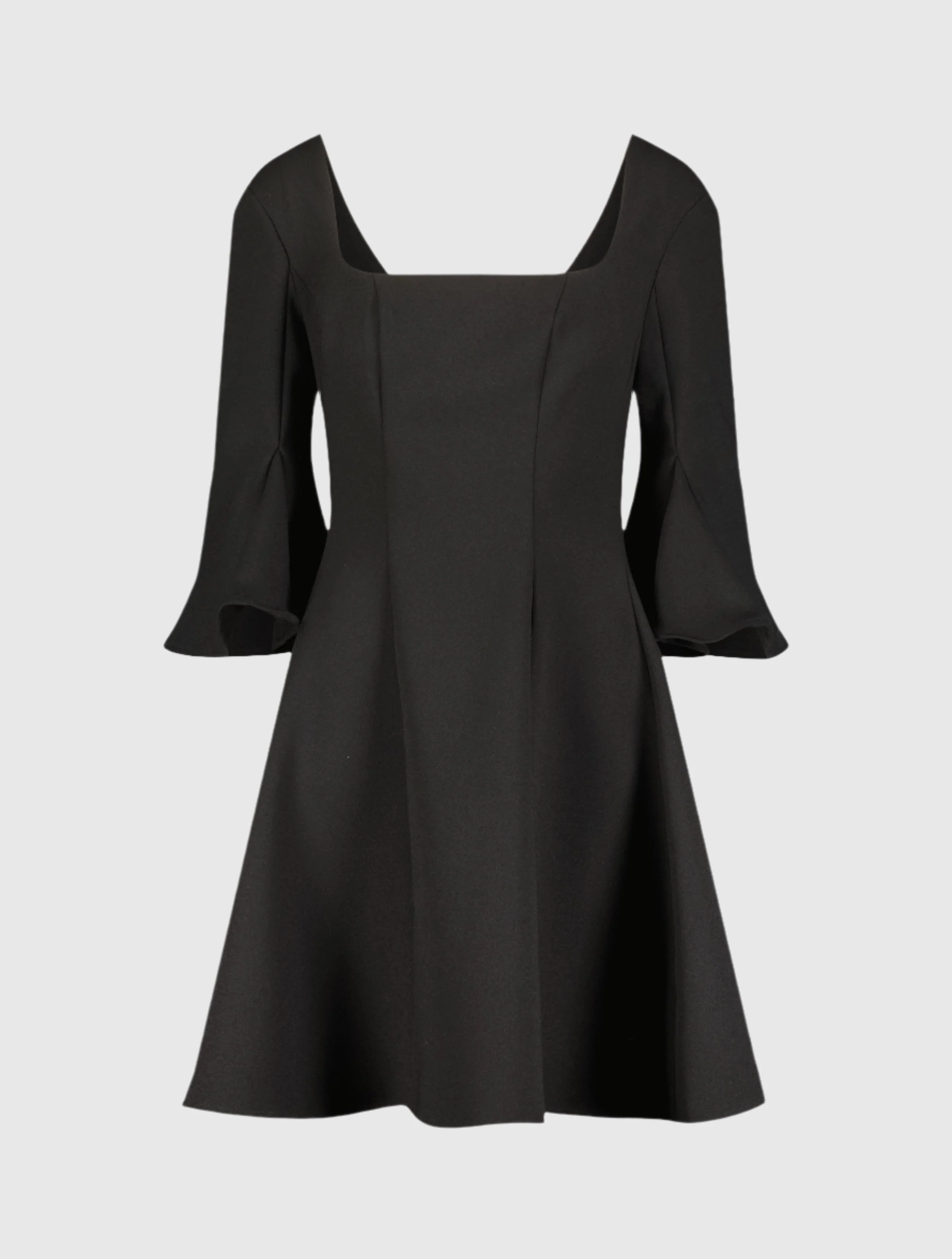 Black Crepe Square Neck 3/4 Sleeve Godet Mini Dress