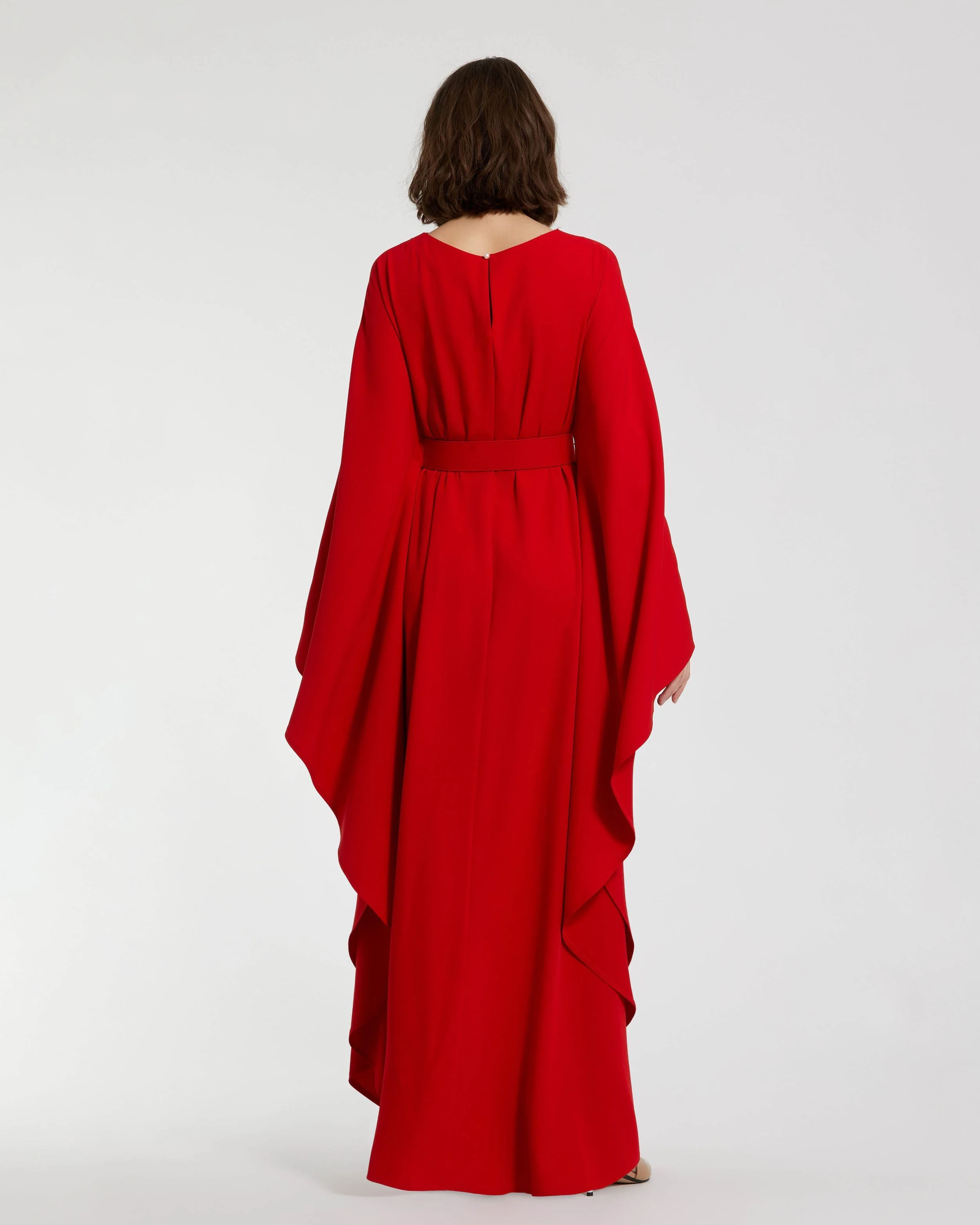 Red Crepe Boat Neck Caftan Maxi Dress With Belt