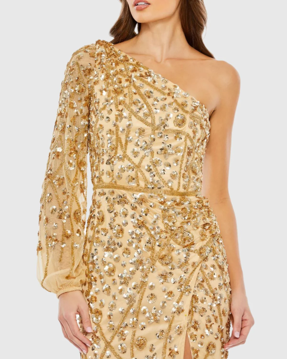 Gold Embellished One Sleeve Faux Wrap Gown