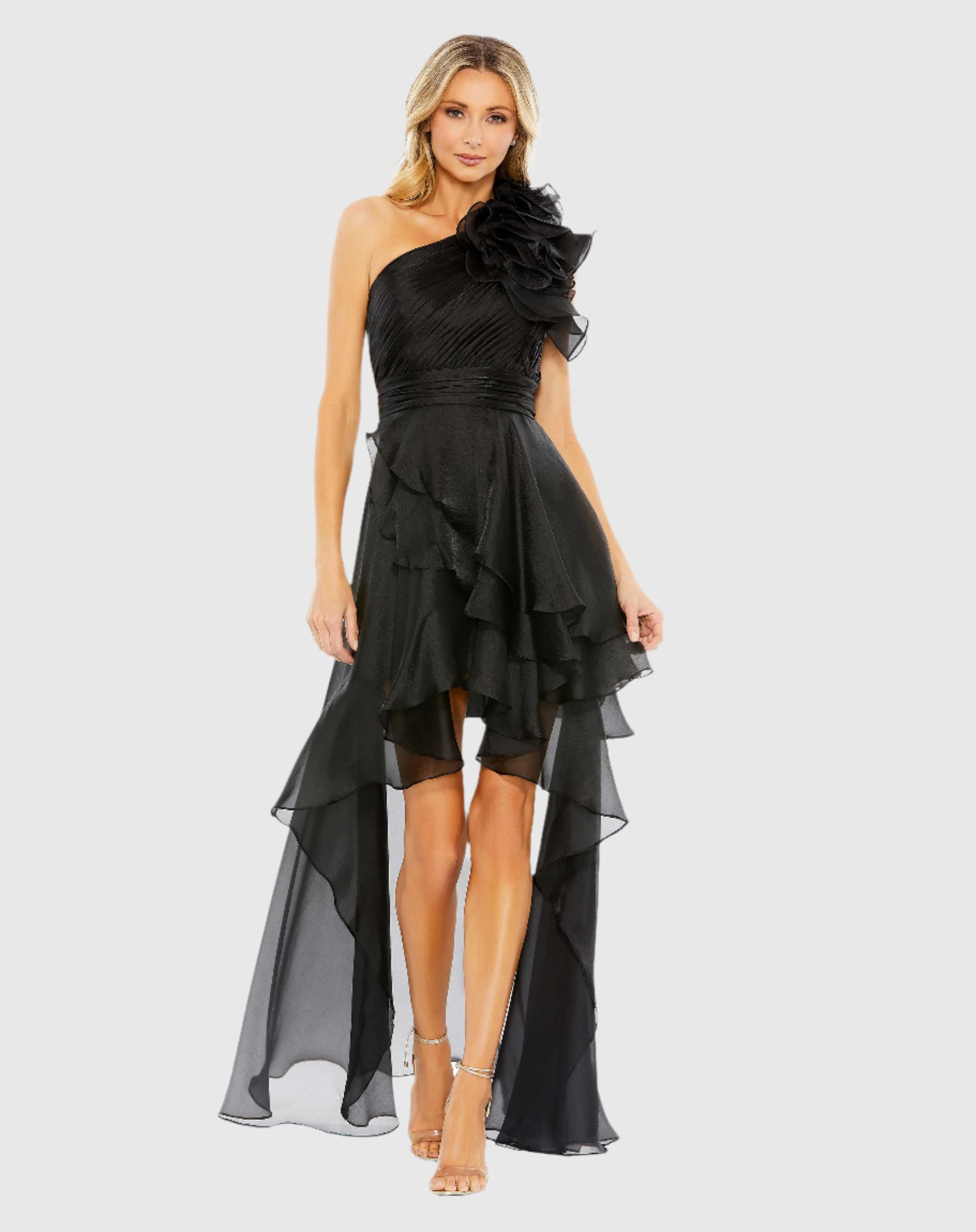 Black One Shoulder Ruffle Hi-Low Gown