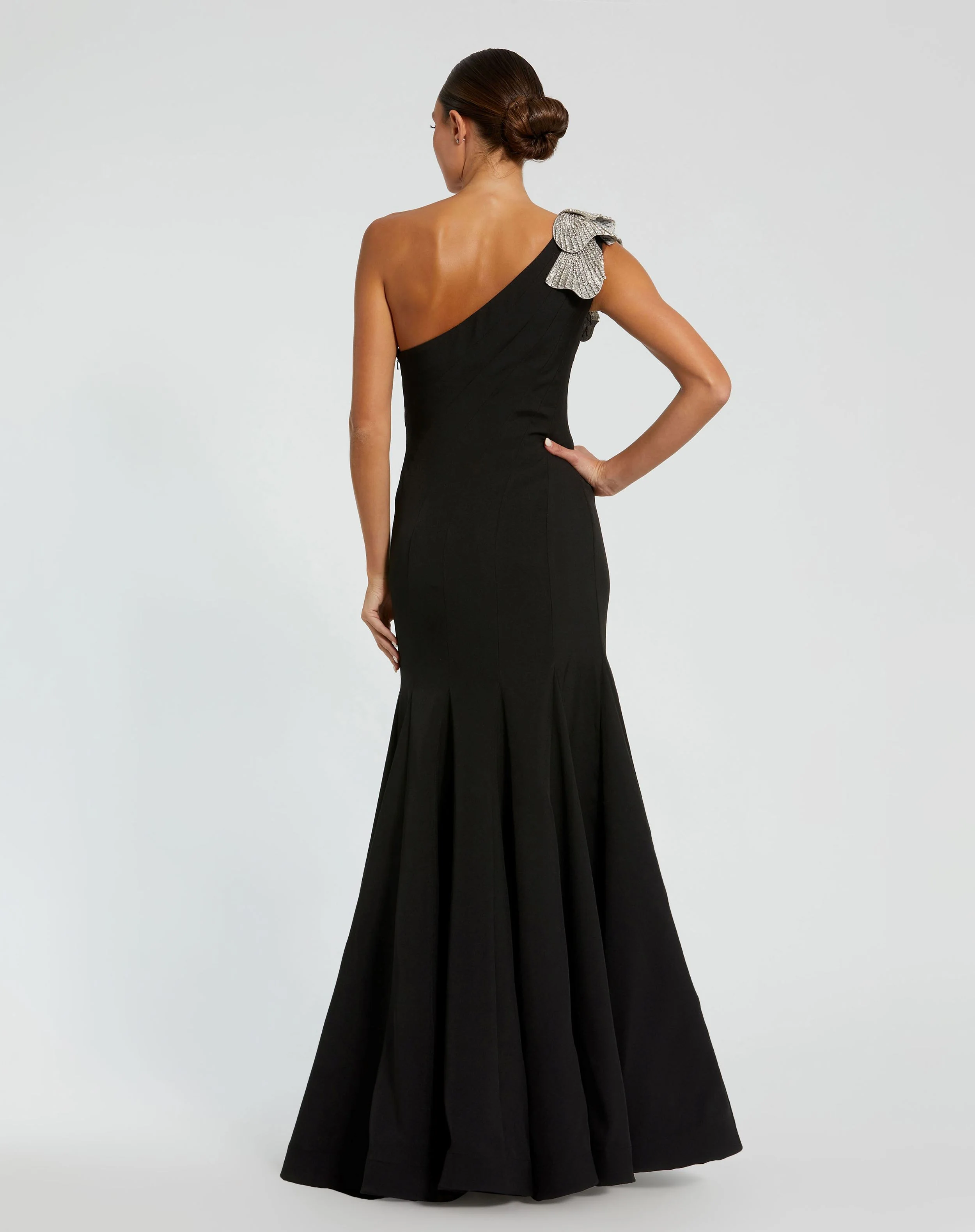 Black Crepe One Shoulder Gown With Crystal Flower
