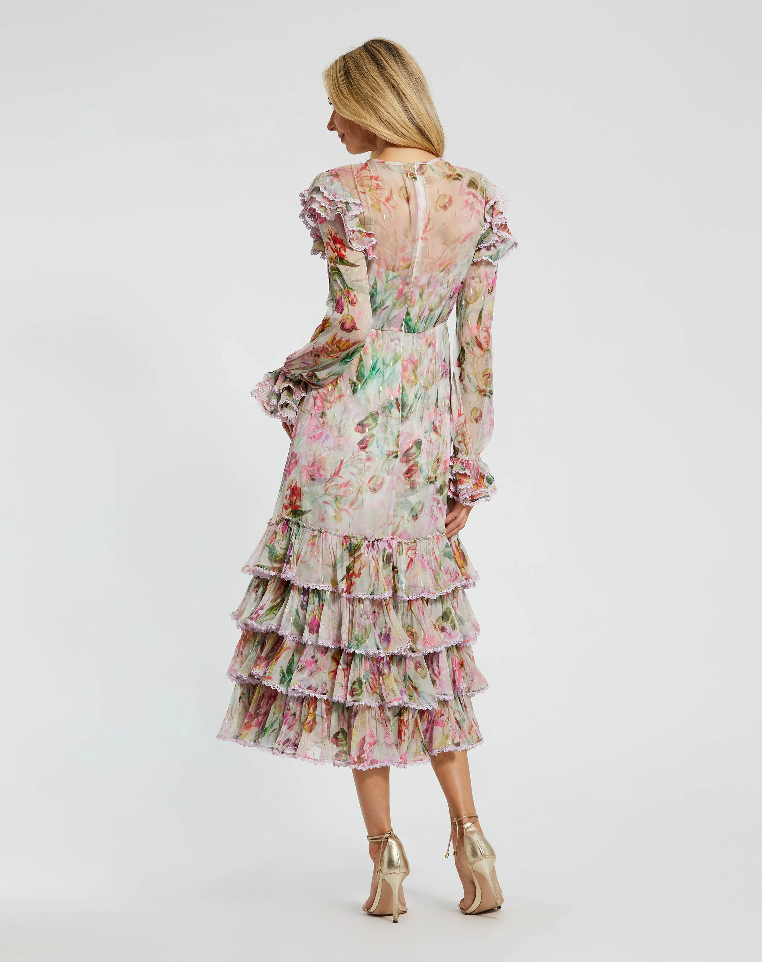Multicolor Long Sleeve Tie Neck Ruffle Detail Floral Dress
