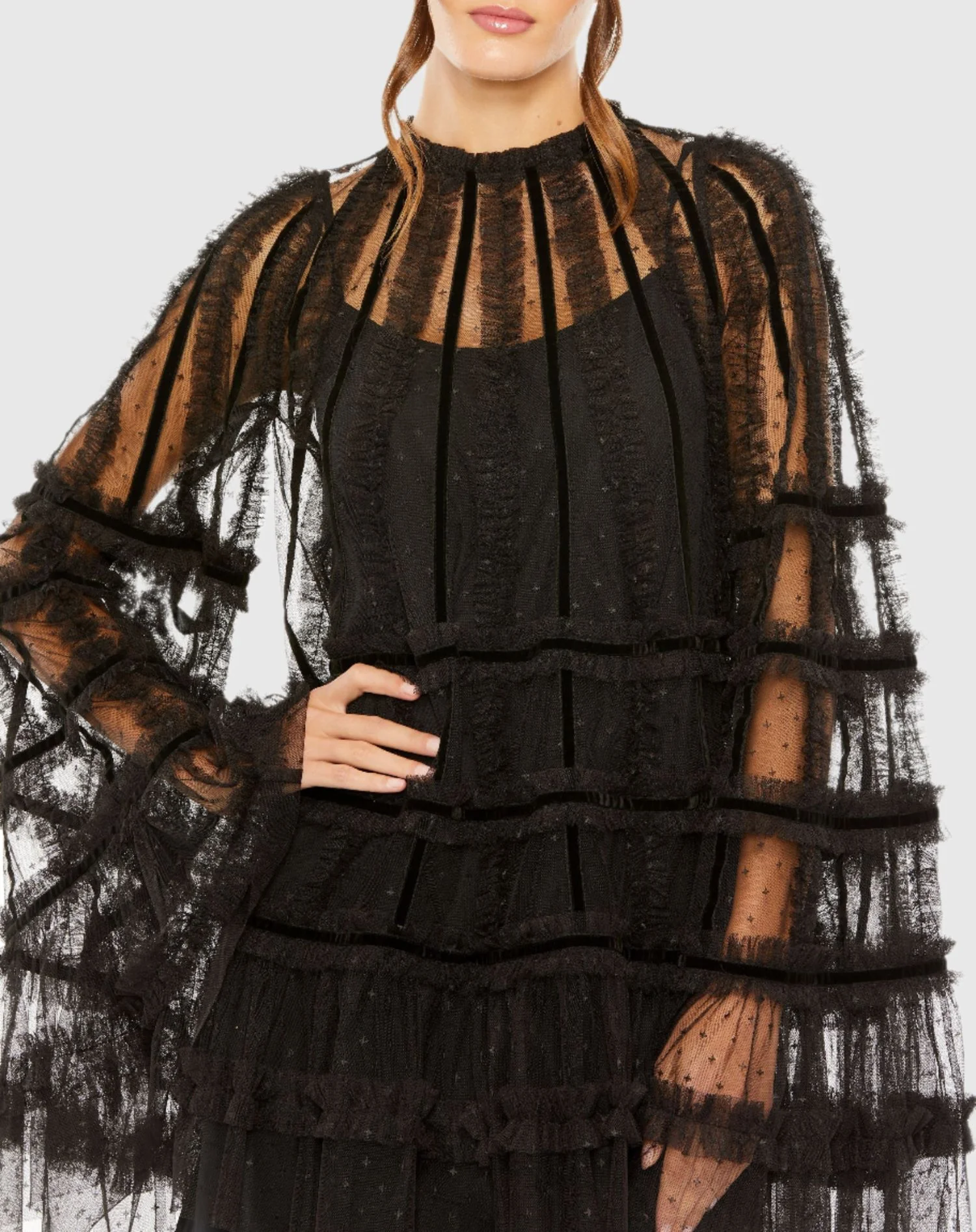 Black High Neck Ruffle Bell Sleeve Trapeze Dress