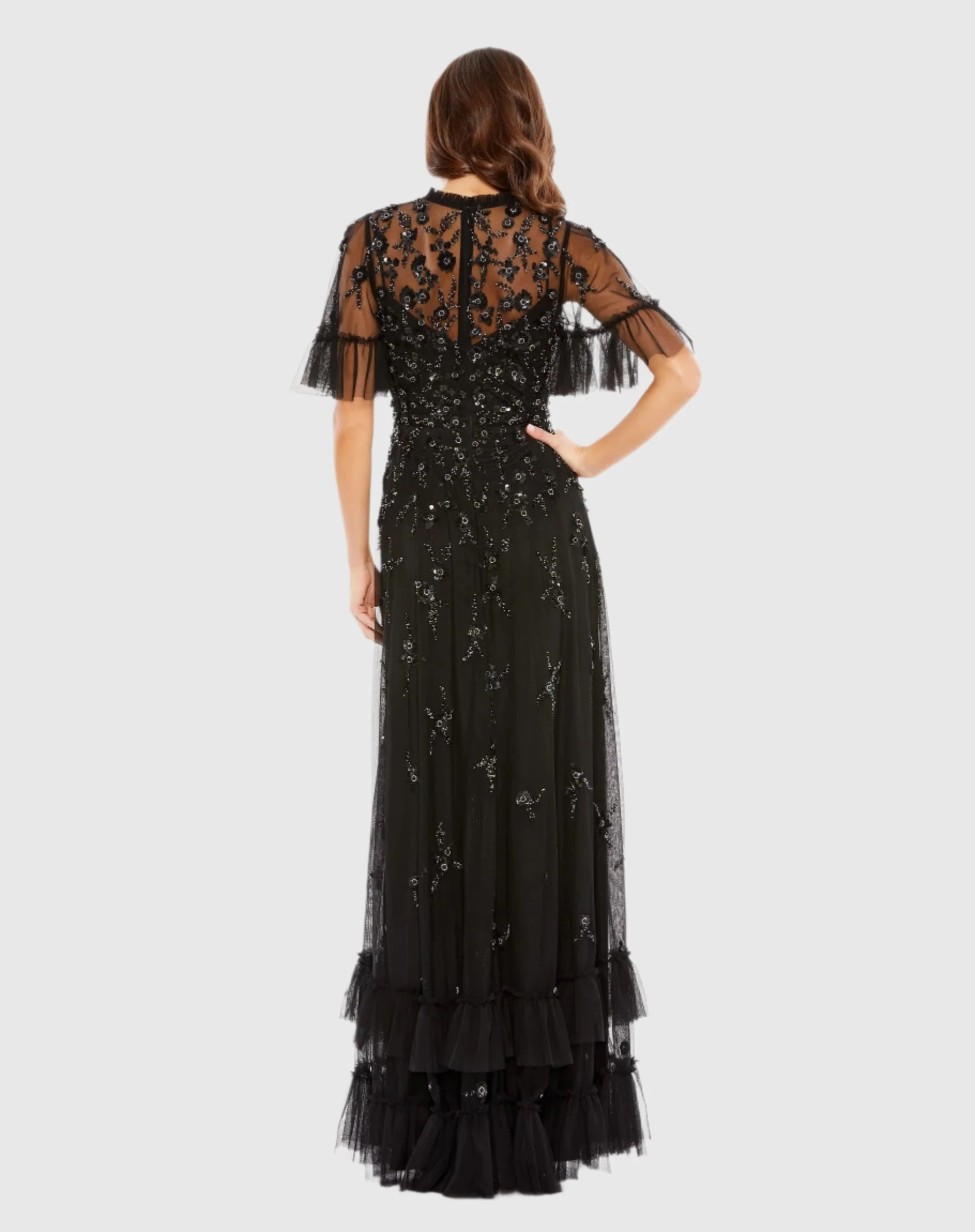 Black Ruffled Floral Embellished Flutter Sleeve A-Line Gown