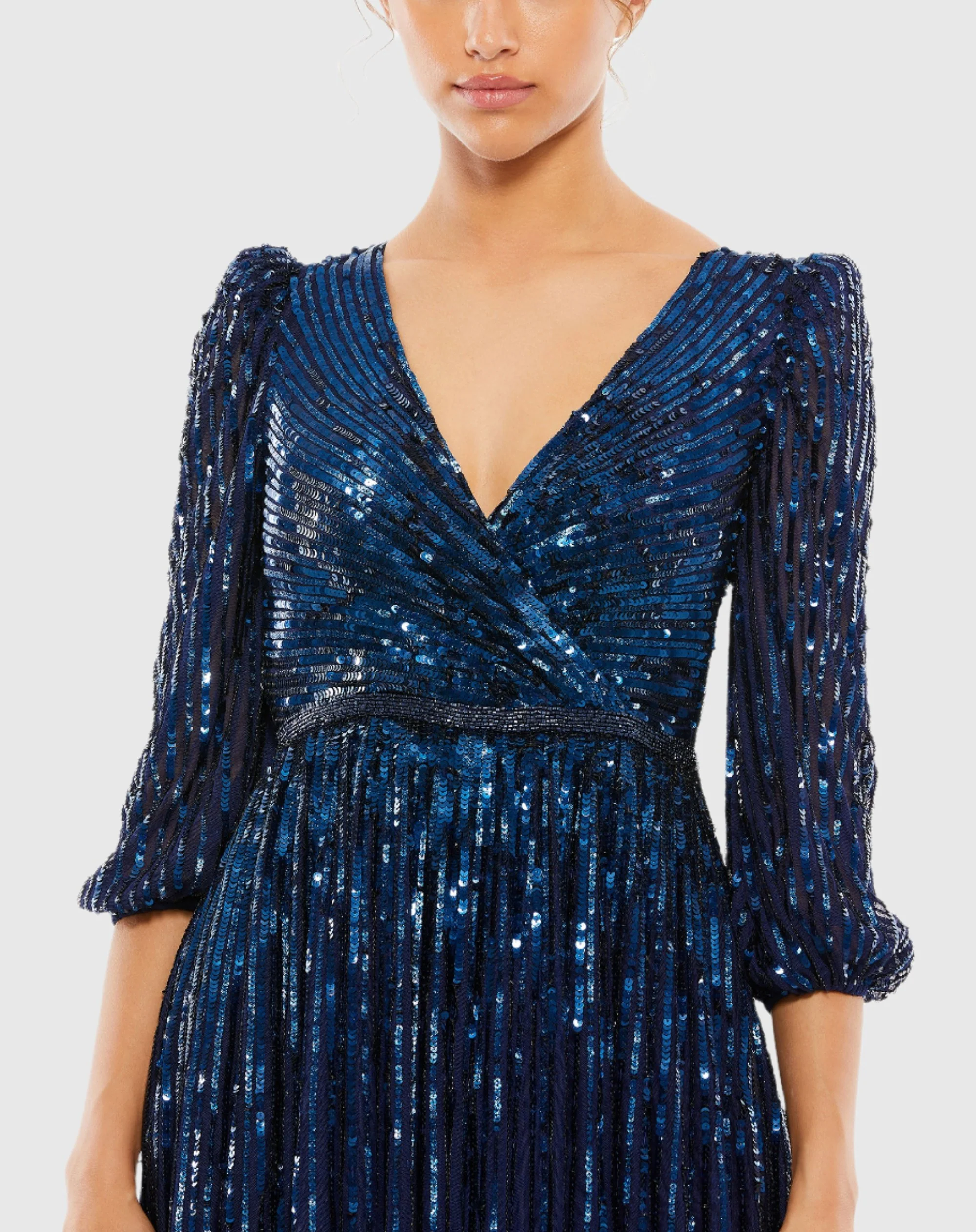 Navy Sequined Wrap Over 3/4 Sleeve Gown