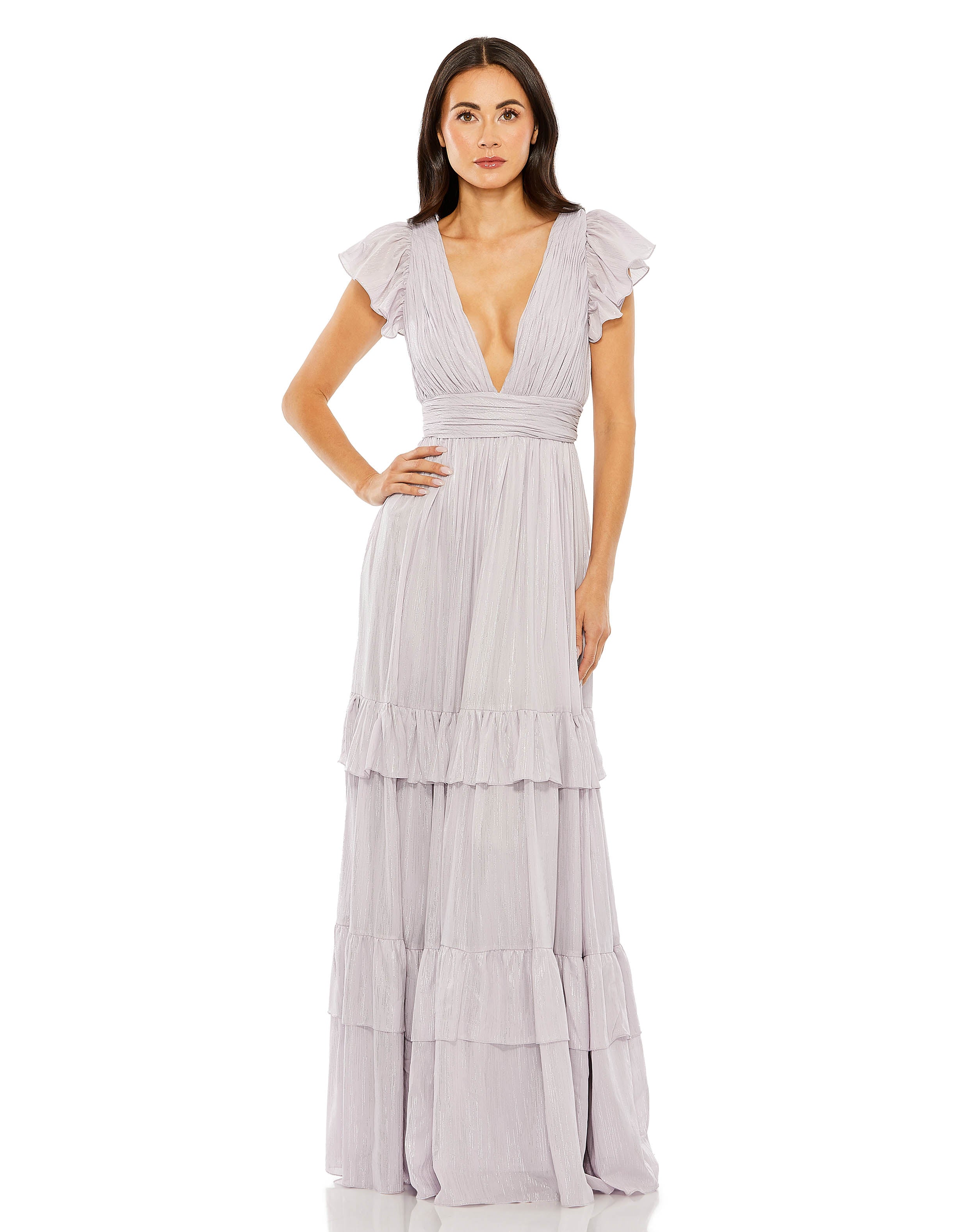 Flutter Sleeve Deep V Tiered Ruffle Gown | Sample | Sz. 2