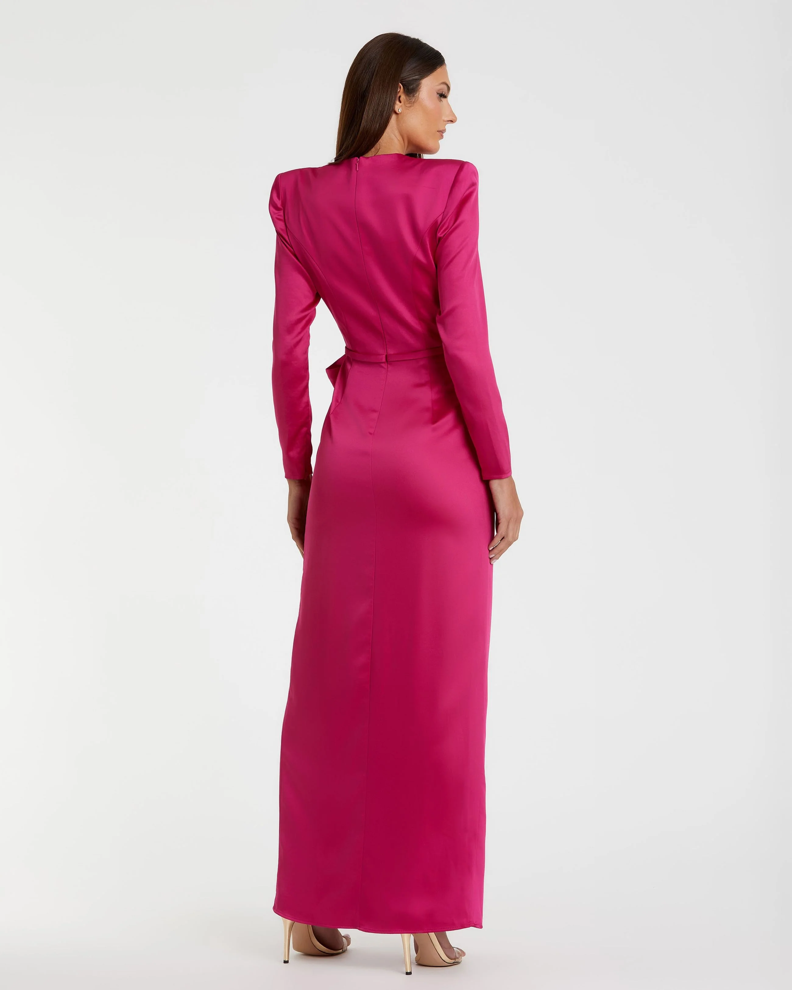 Pink Long Sleeve Satin Structured Bow Draped Column Gown