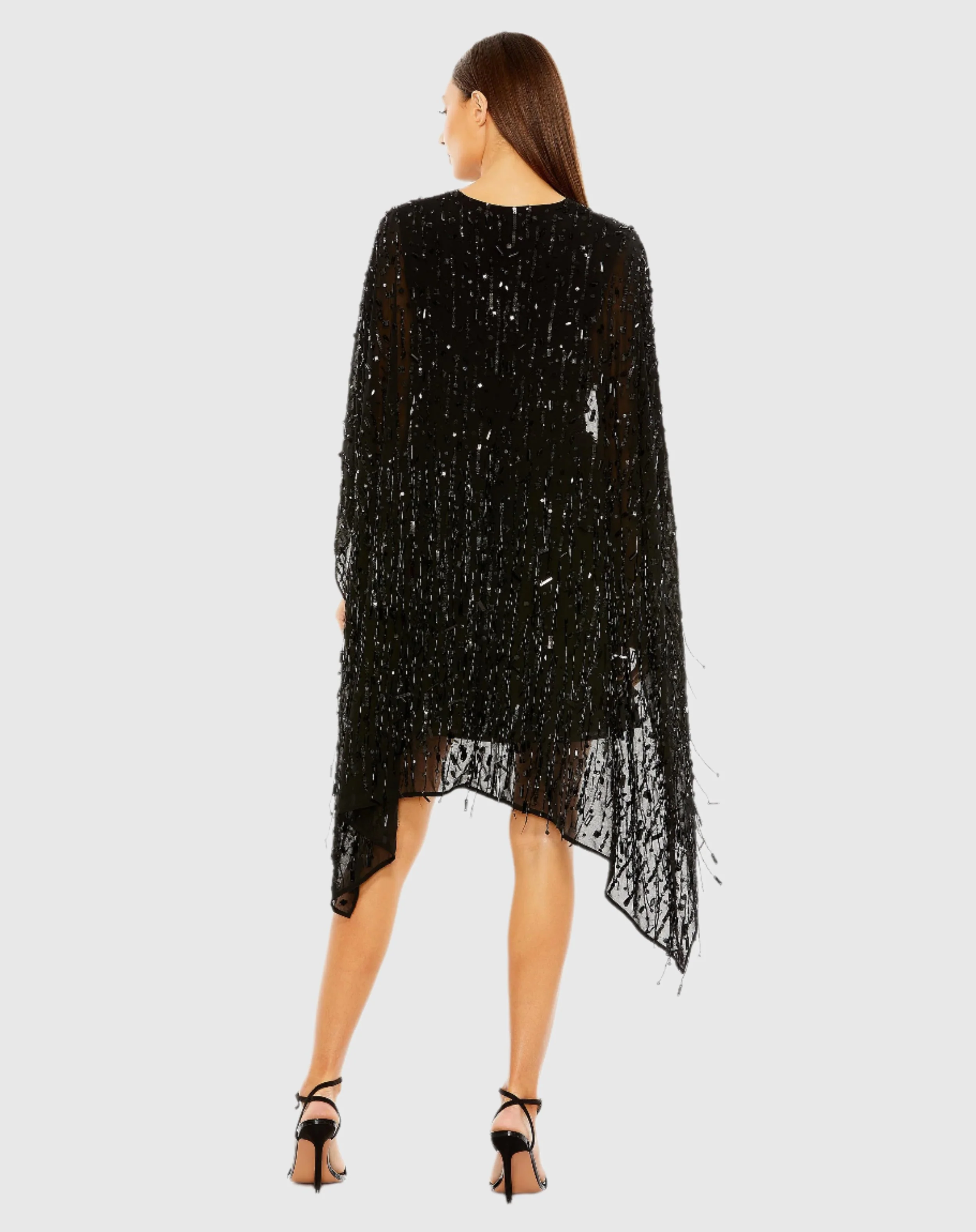 Black Cape Back Fringe Beaded Robe Dress