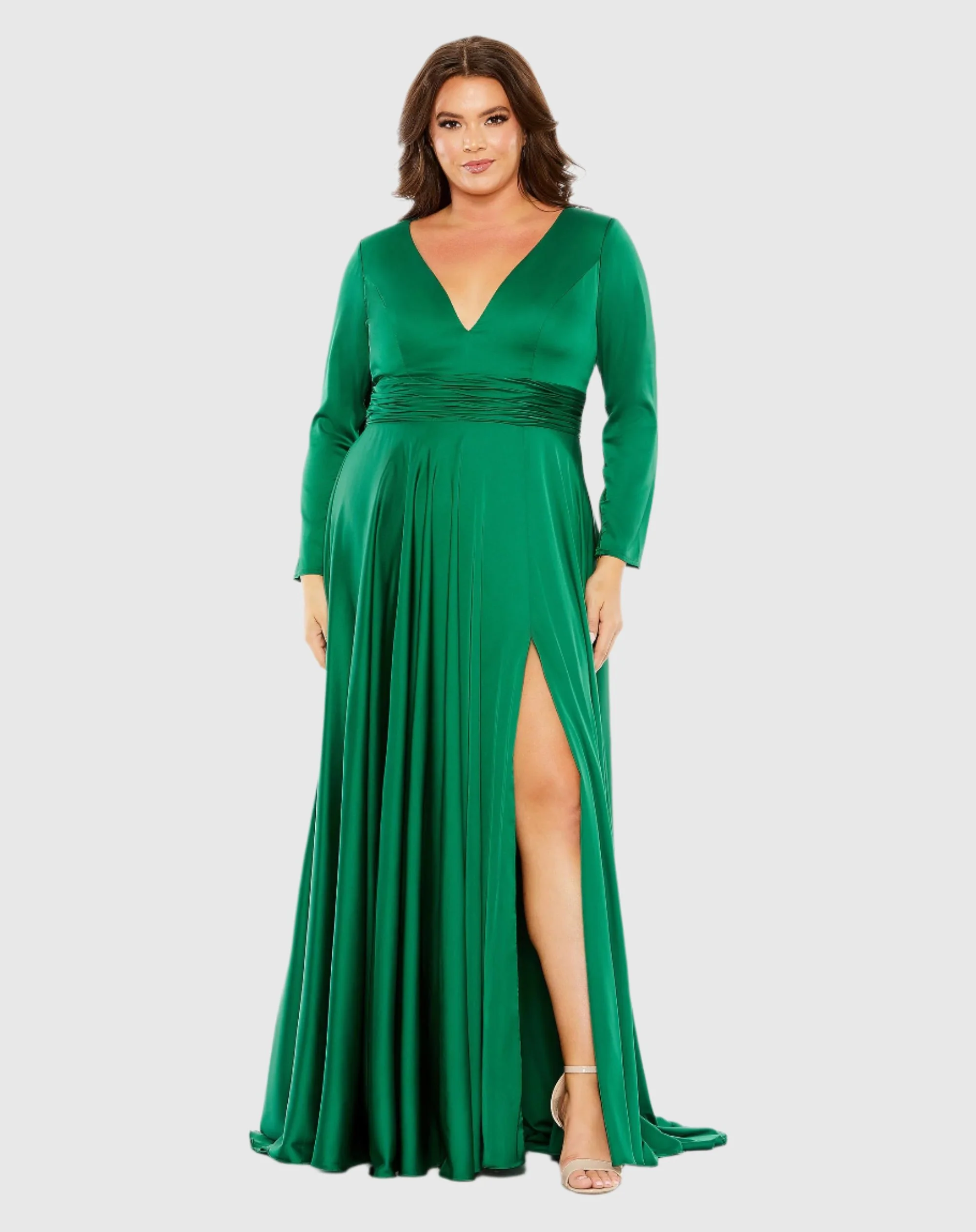 Green Quarter Sleeve V Neck A Line Gown