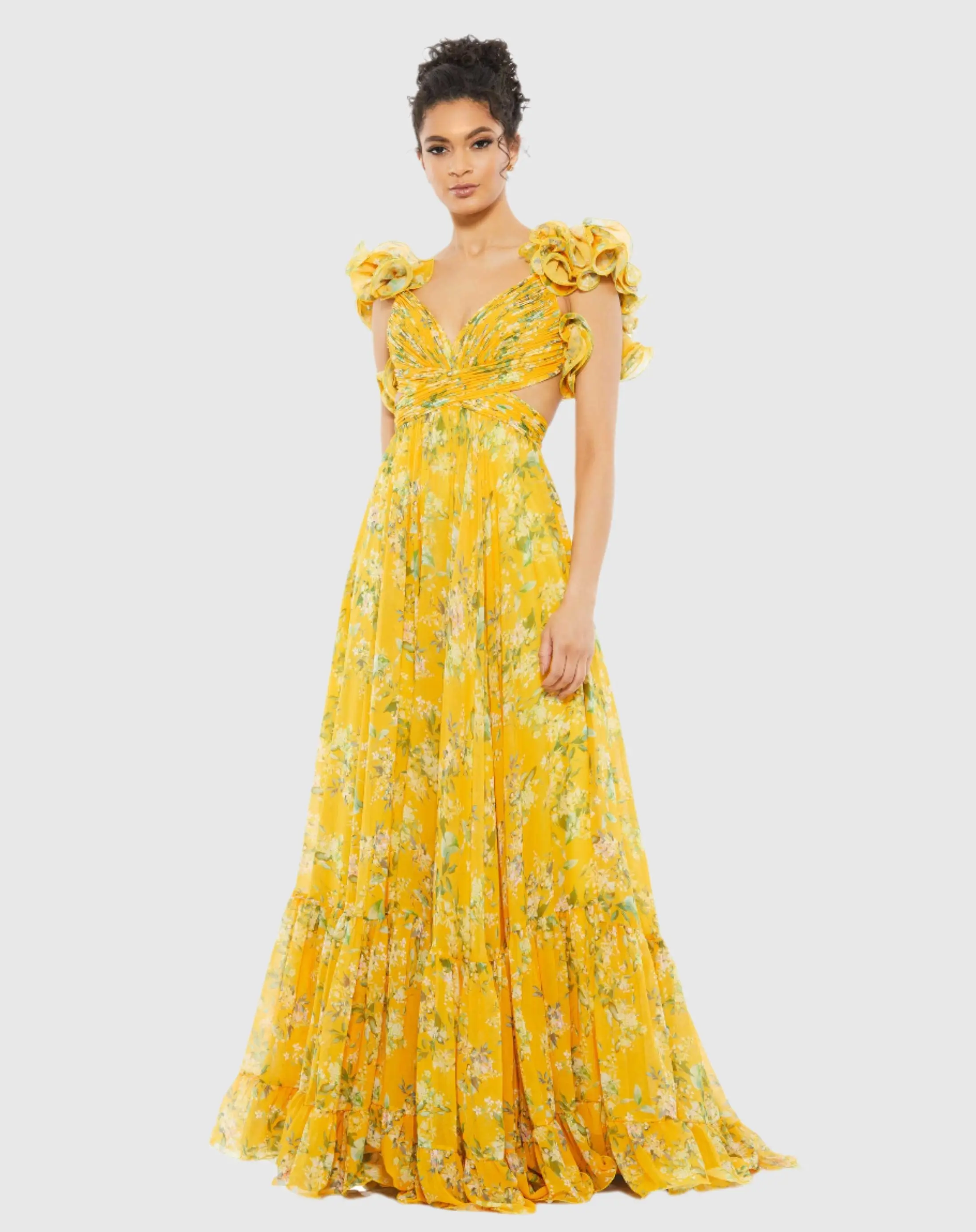 Ruffle Tiered Floral Cut-Out Chiffon Gown