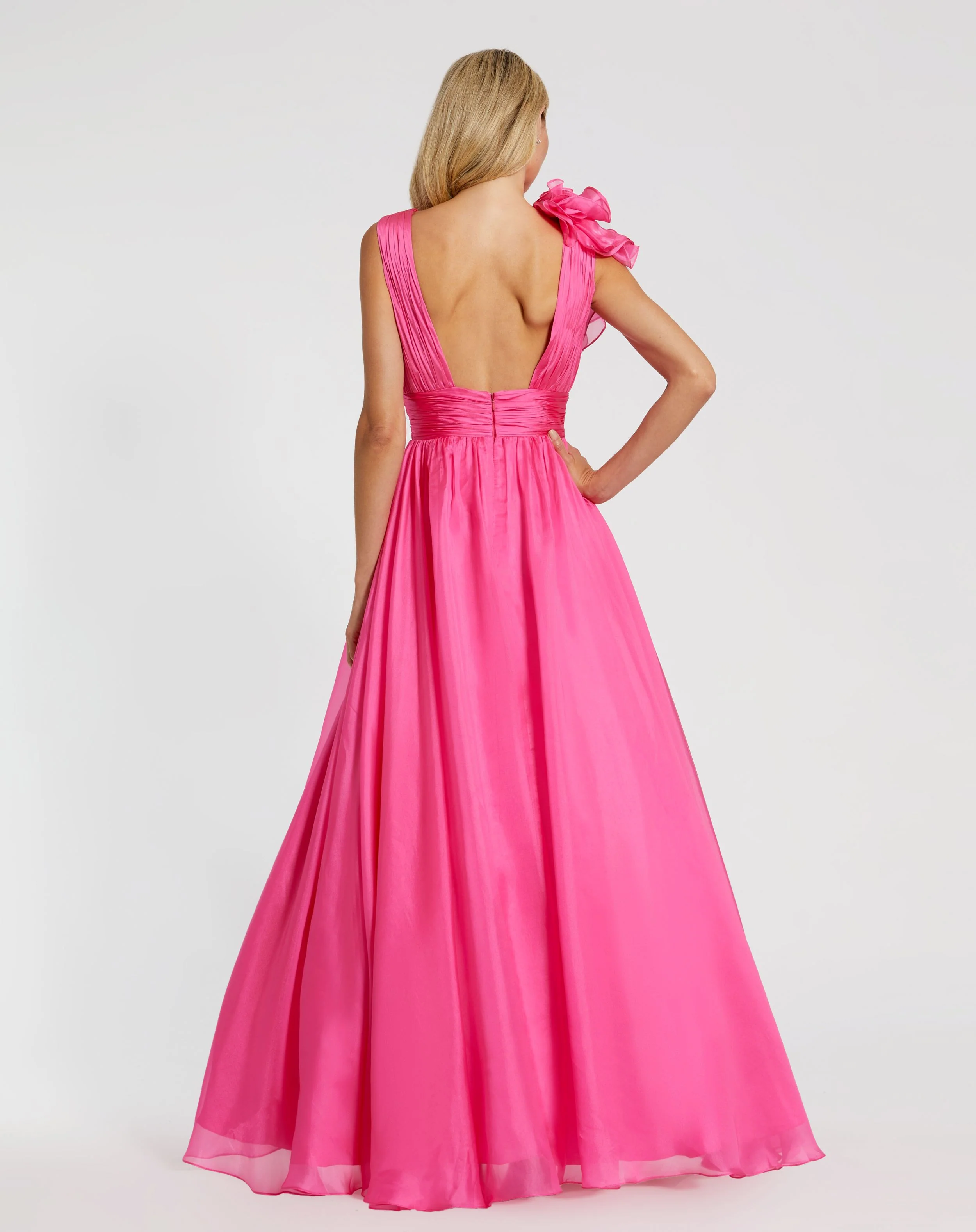 Pink Ruffle Shoulder V-Neck Chiffon Gown