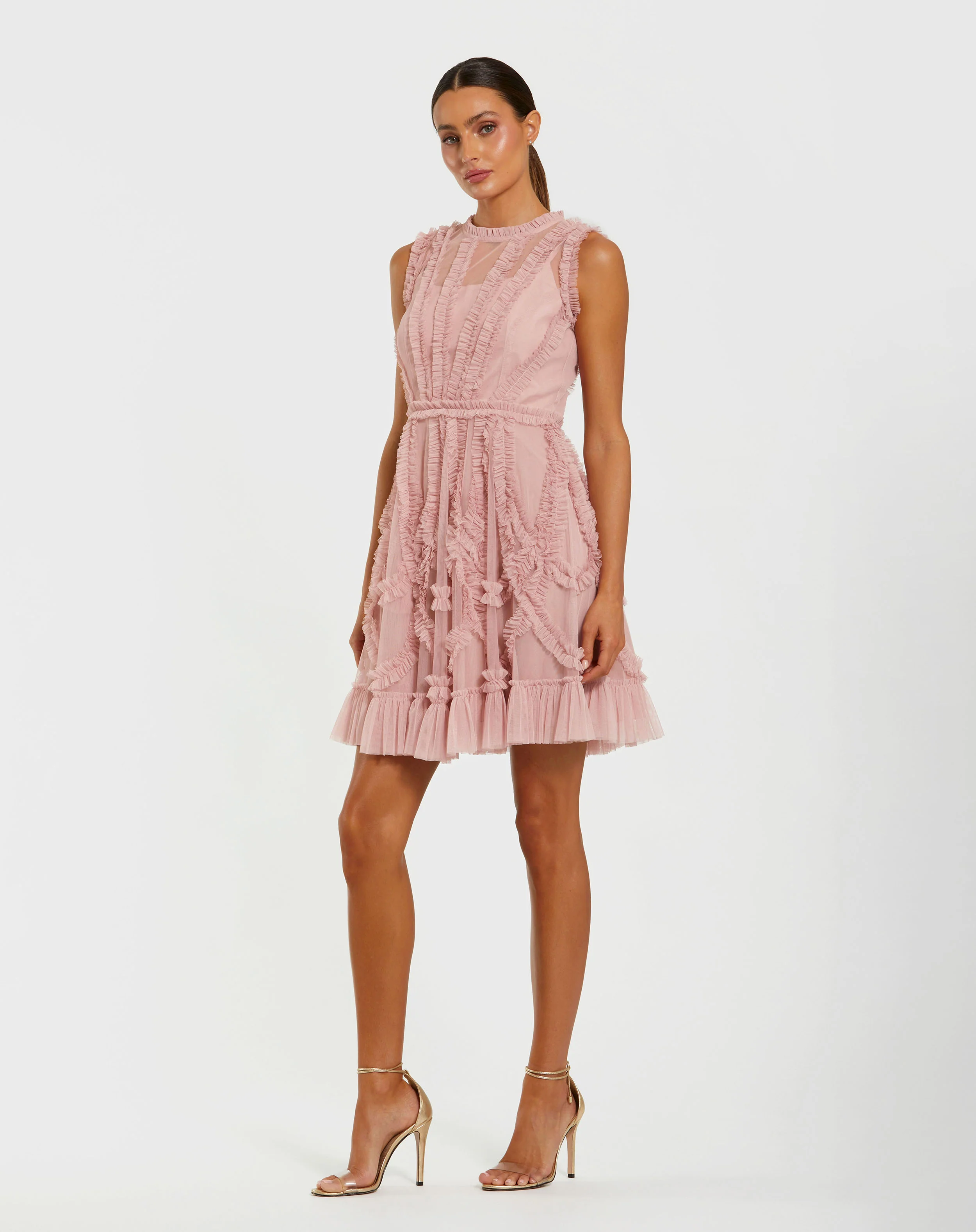 Pink Mesh Micro Ruffle High Neck Mini Dress