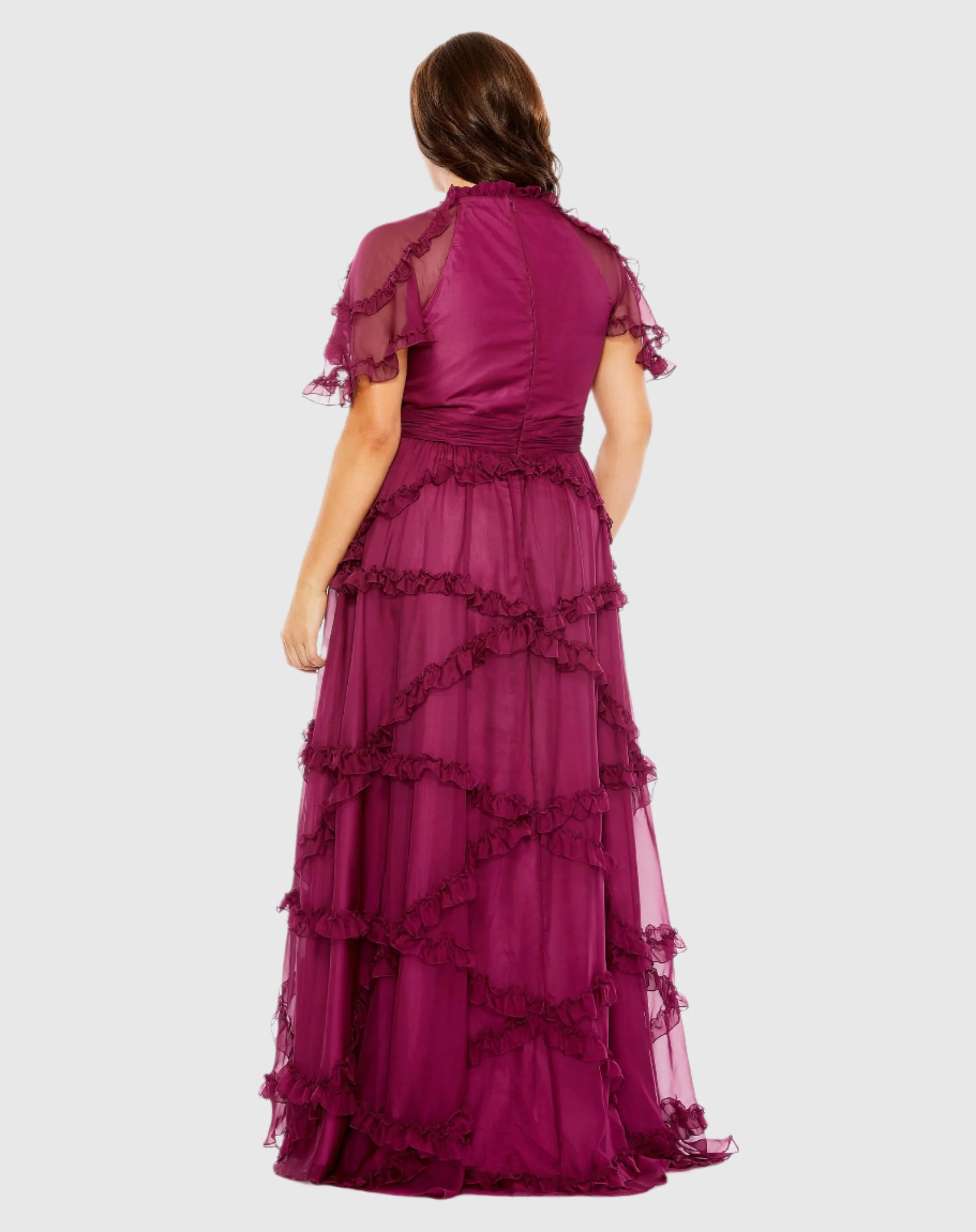 Purple High Neck Ruffle Tiered Flutter Sleeve Gown