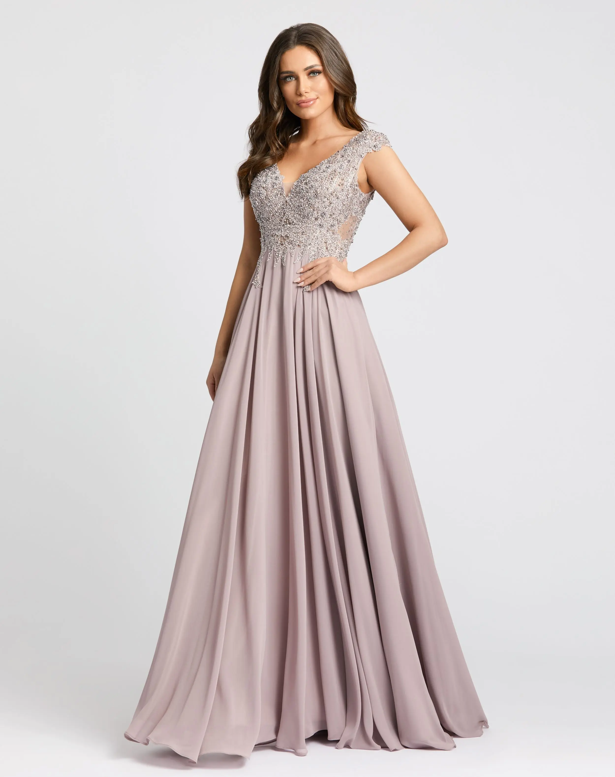 Applique Cap Sleeve Bodice Flowy Gown