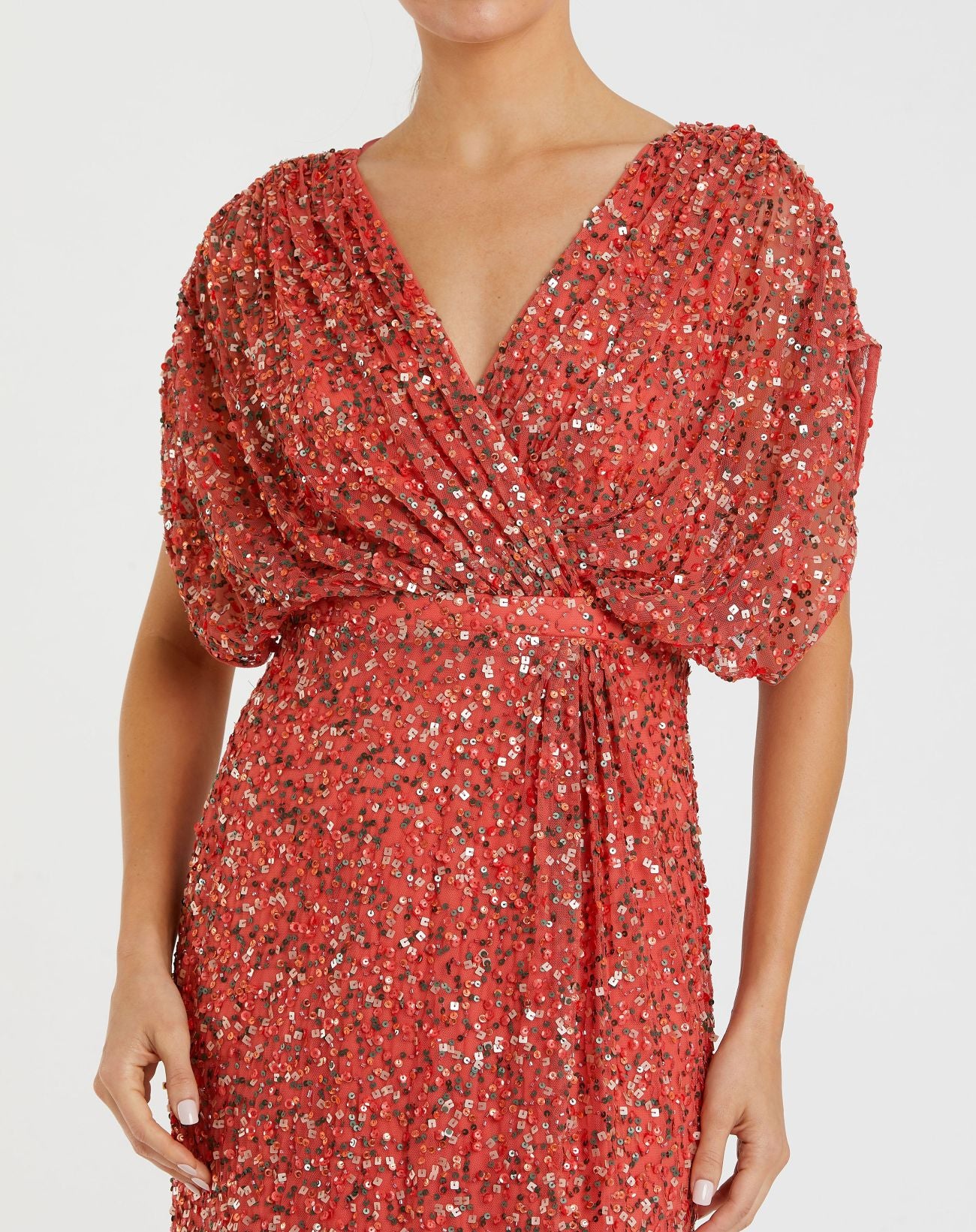 Red Draped Sleeve V Neck Gown