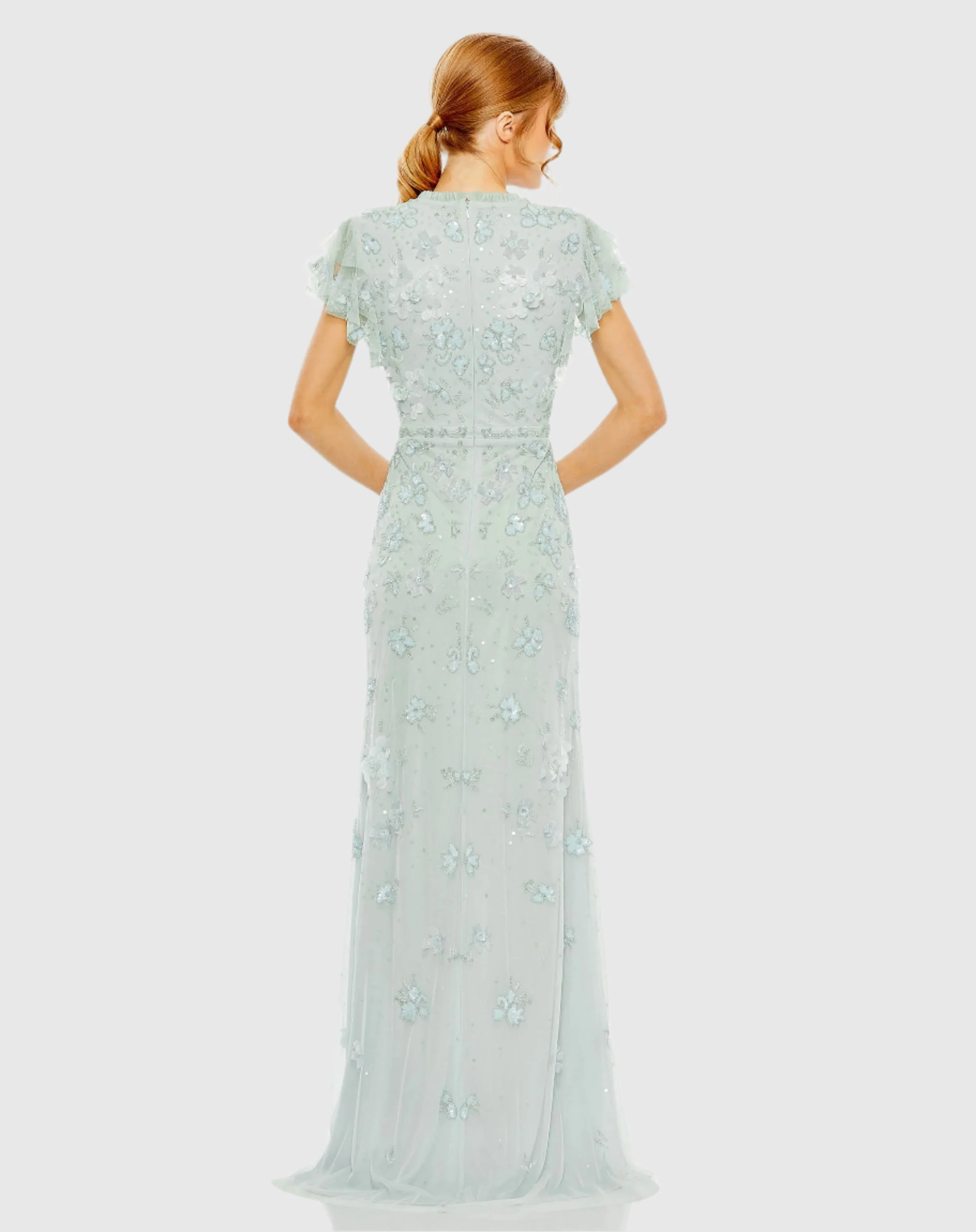 Blue Floral Embellished High Neck Flutter Sleeve Gown