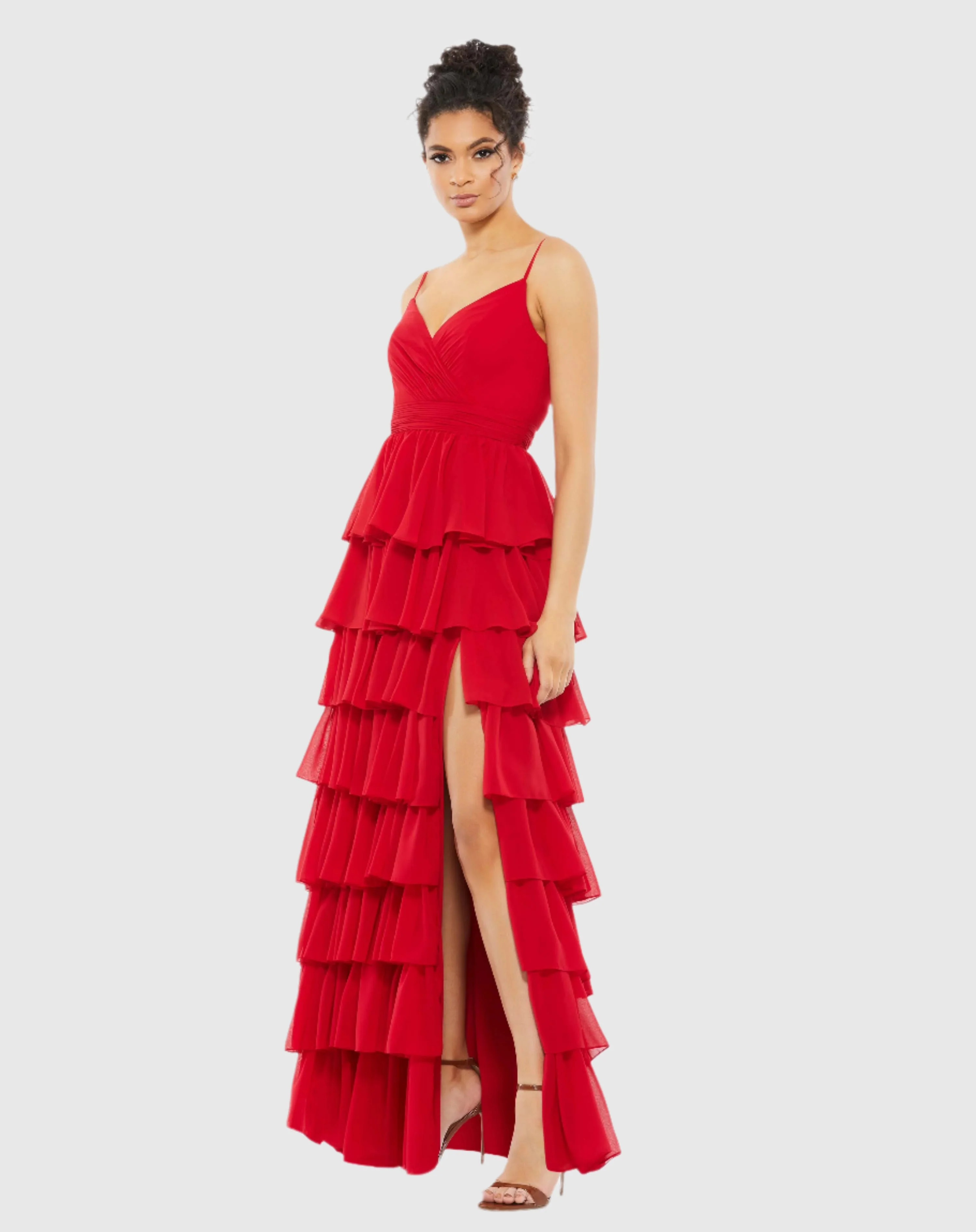 Red V-Neck Sleeveless Gown with Ruffled Skirt