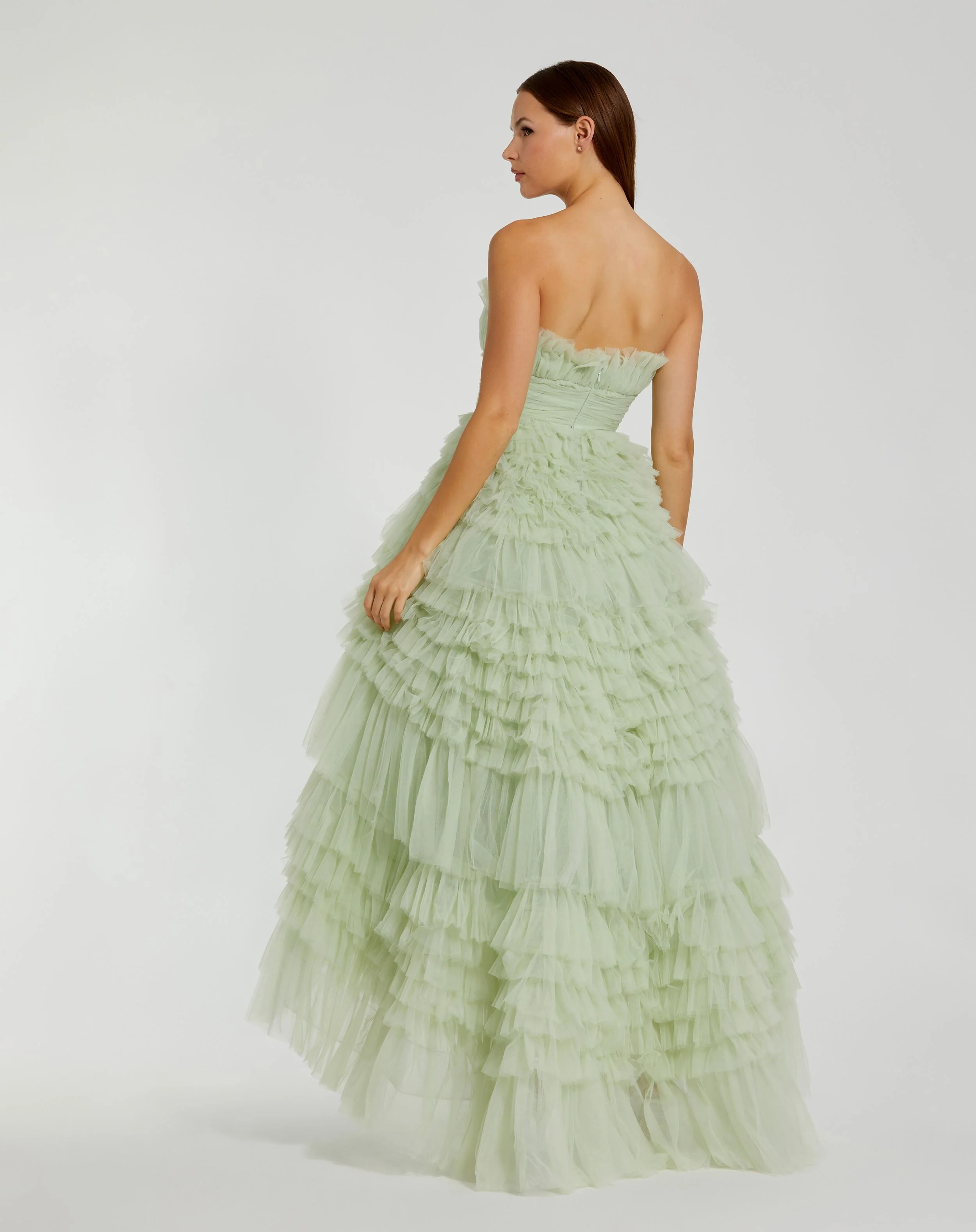 Green Strapless Tulle Ruffle Gown
