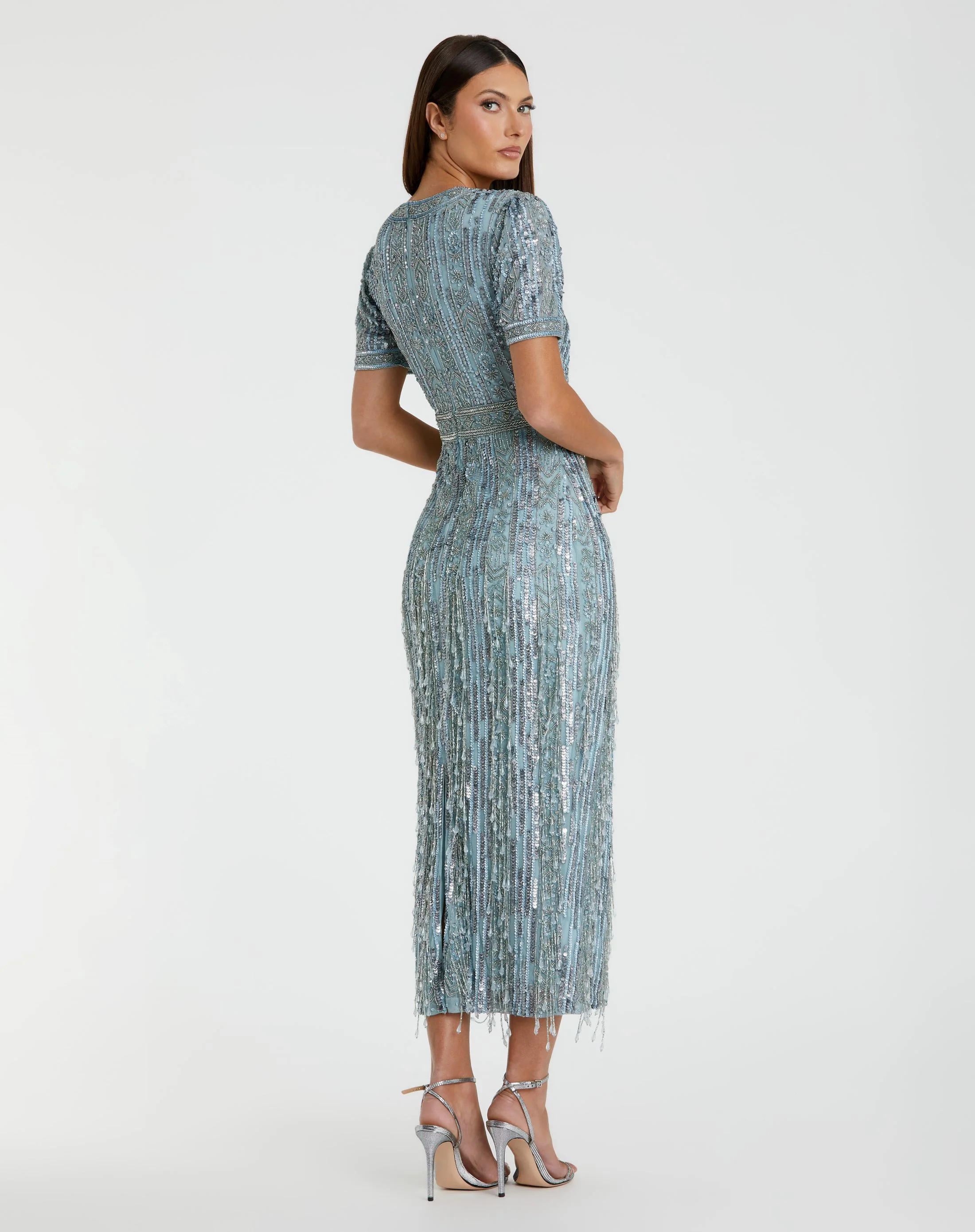 Blue High Neck Short Sleeve Crystal Fringe Sheath Dress