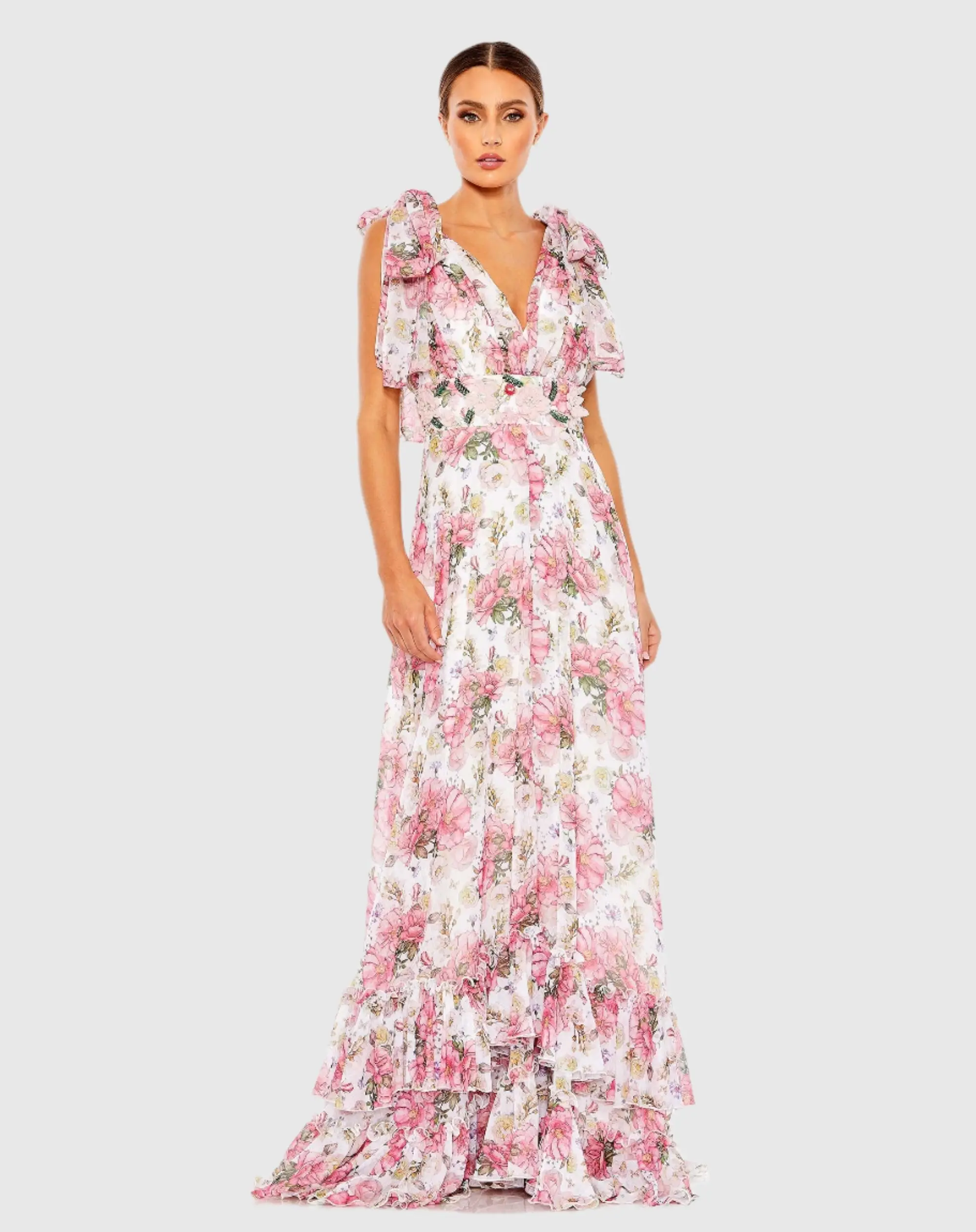 Soft Tie Sleeveless V Neck Tiered A Line Gown