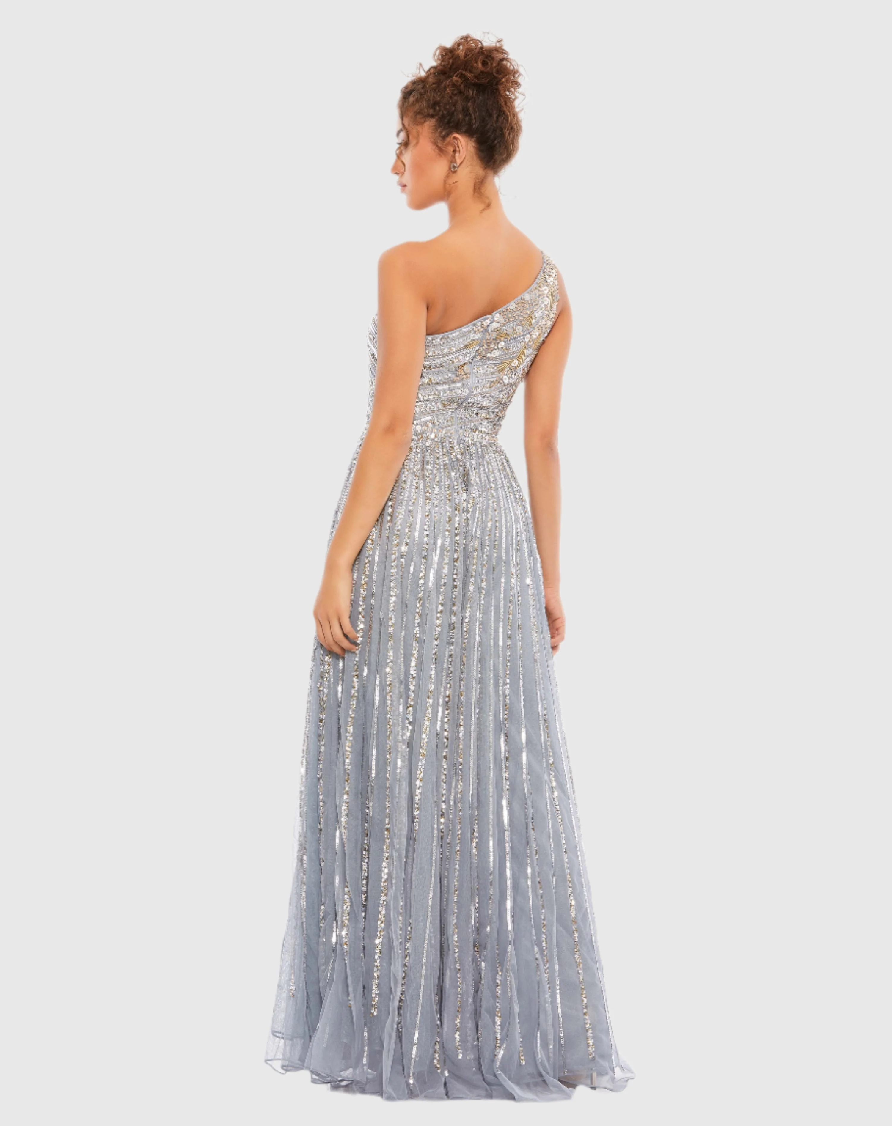Silver Embellished One Shoulder A-Line Gown