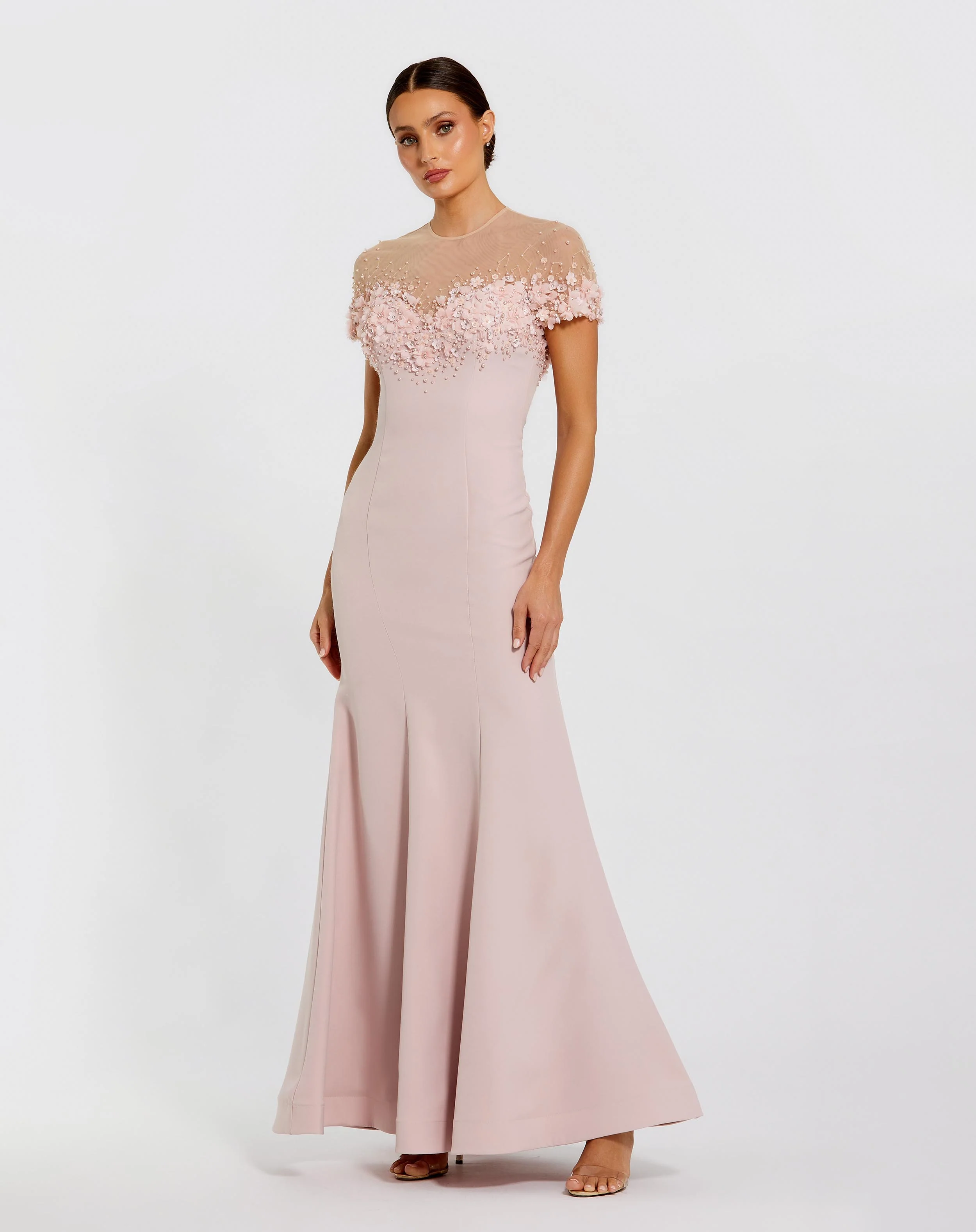 Pink Mermaid Crepe Gown With Beaded Illusion Neck