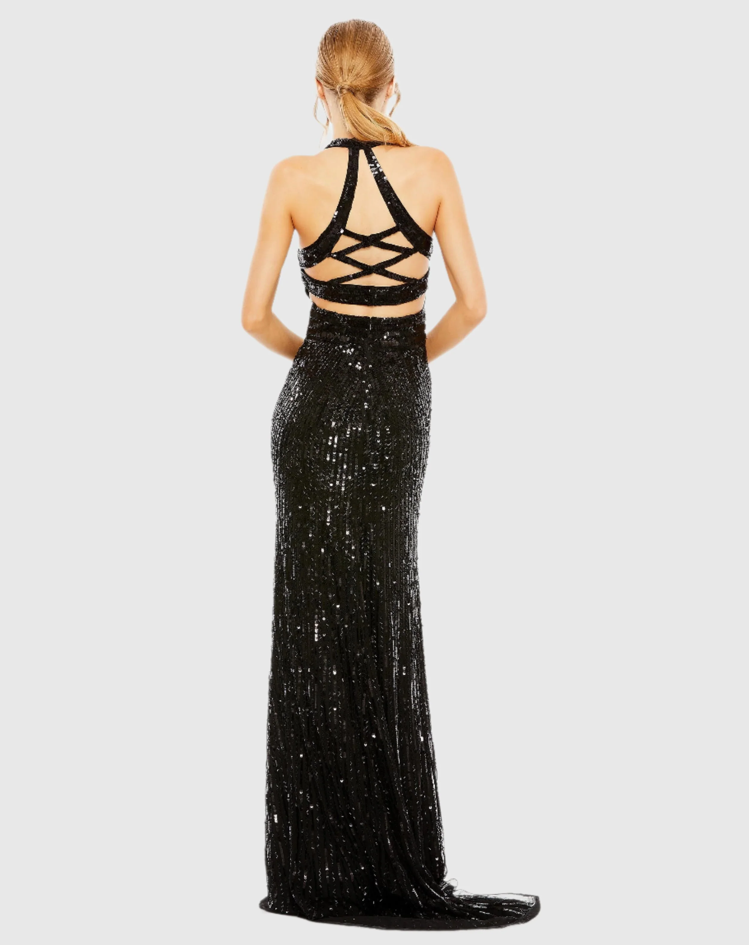 Black Sleeveless Faux Wrap Sequin Embellished Cut Out Back
