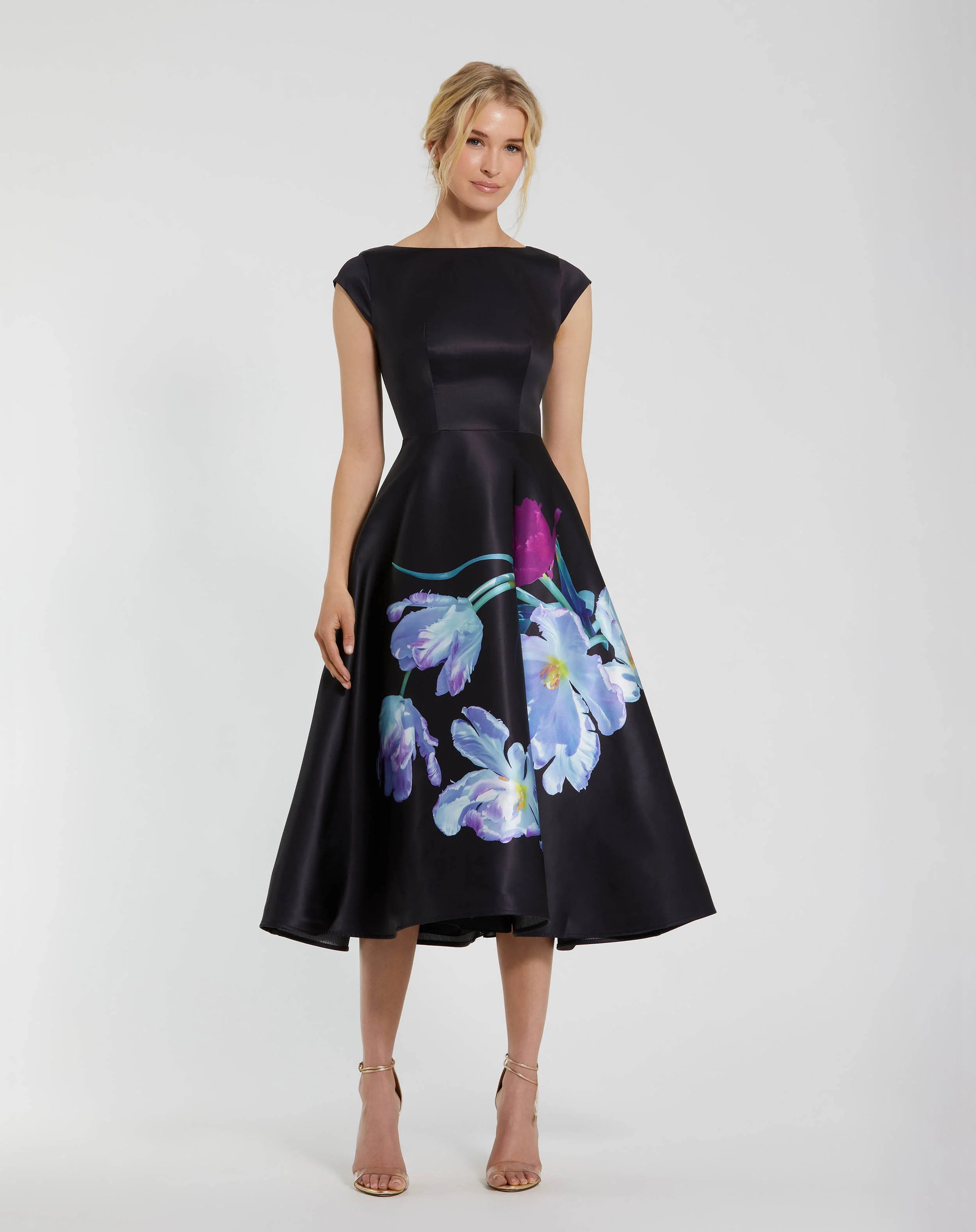 Black Satin Cap Sleeve Midi Dress With Floral Print