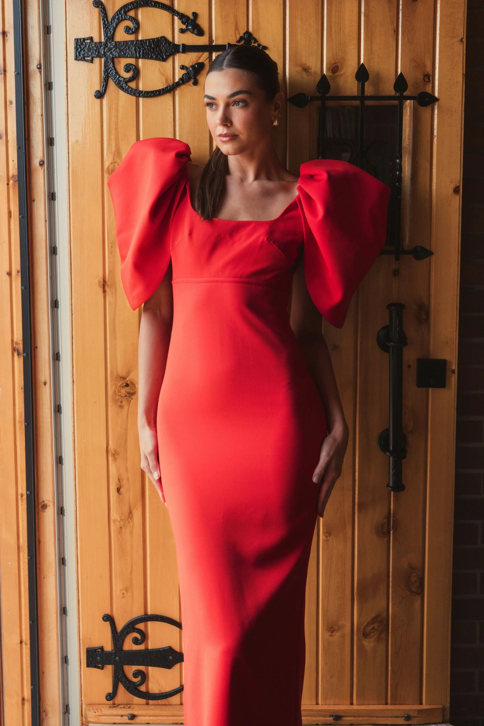 Red Fitted Crepe Scoop Neck Gown With Puff Sleeves