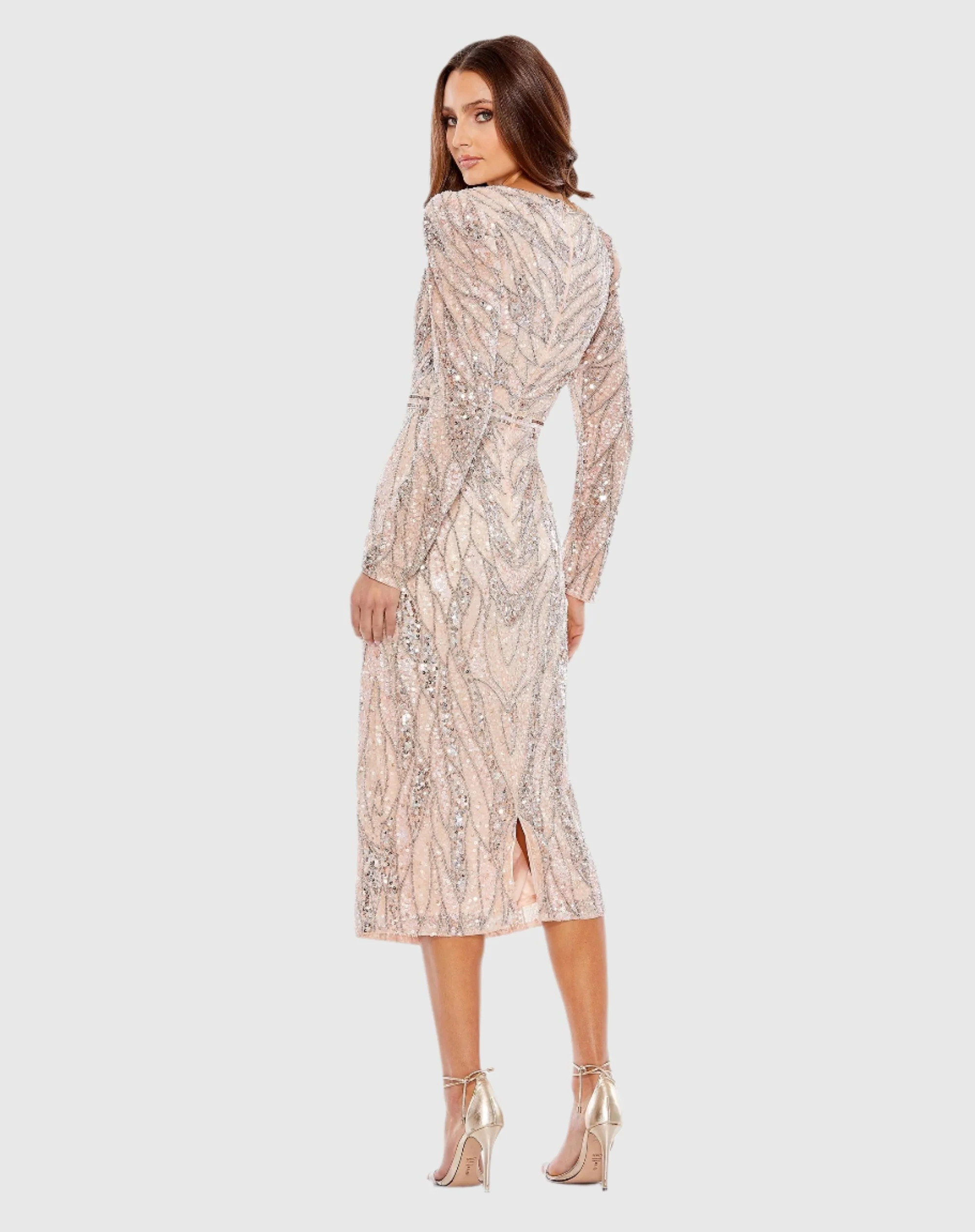 Long Sleeve V Neck Beaded Cocktail Dress - FINAL SALE