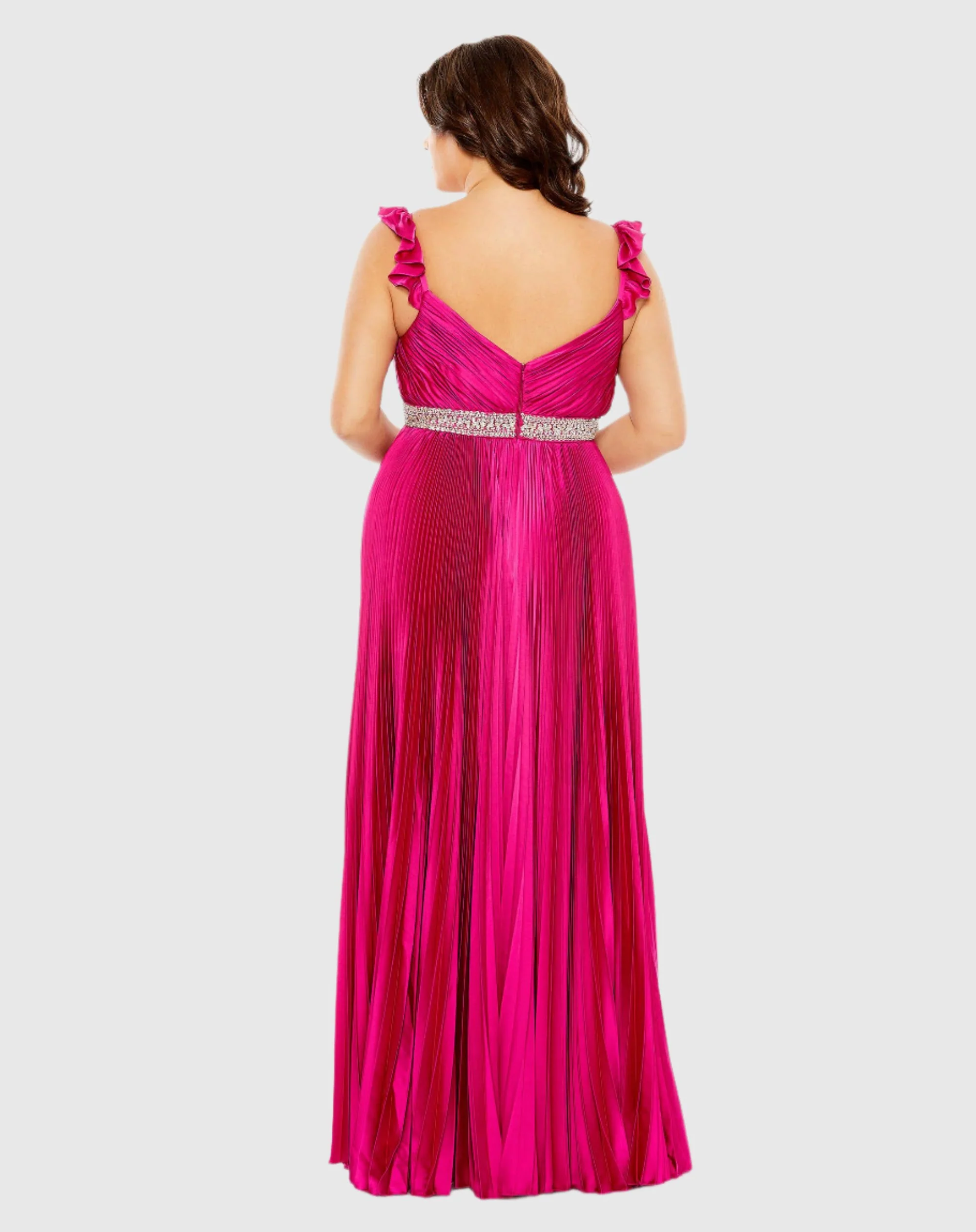 Embellished Waist Flutter Sleeve Pleated Gown