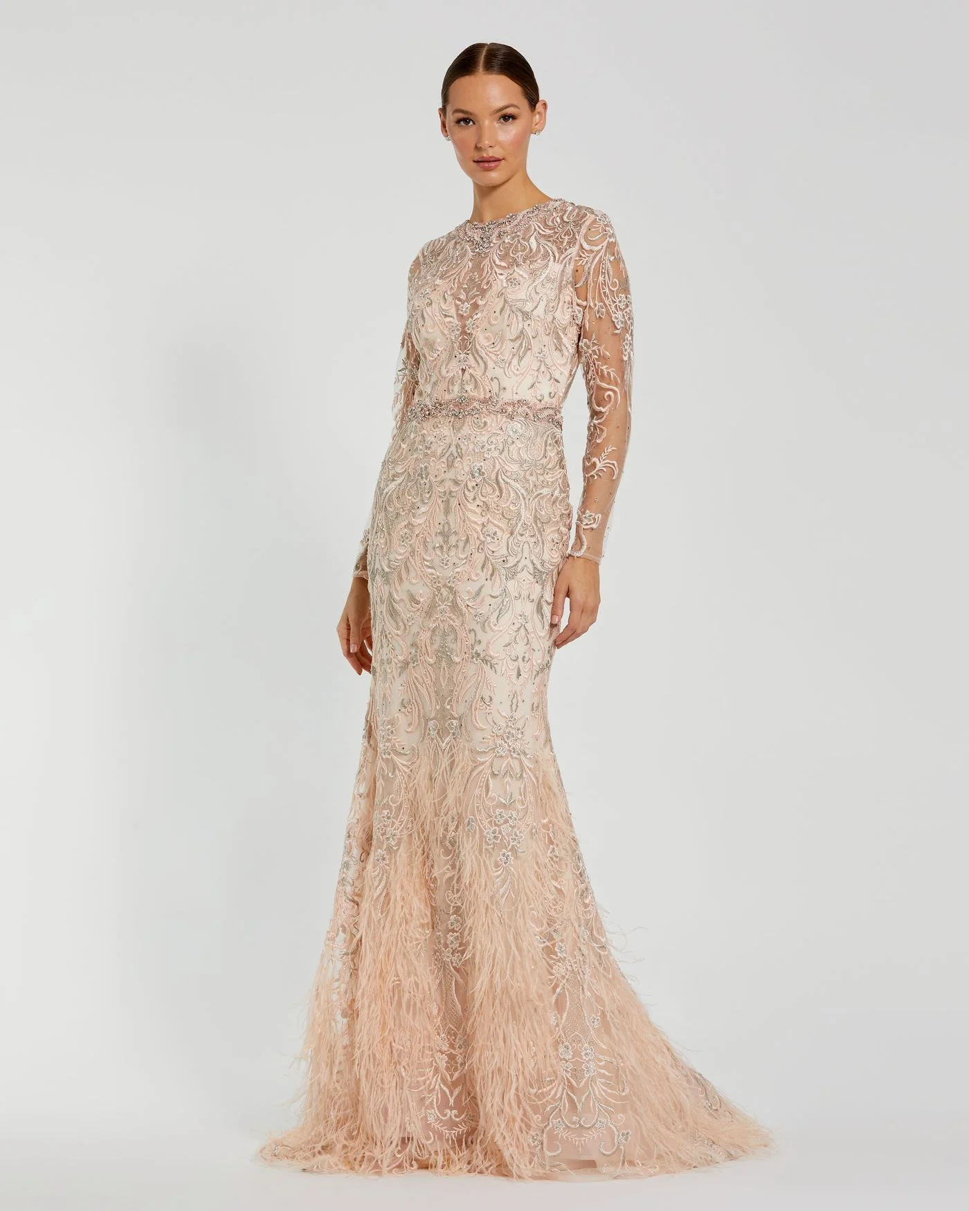 Pink Embroidered Illusion Long Sleeve Trumpet Gown
