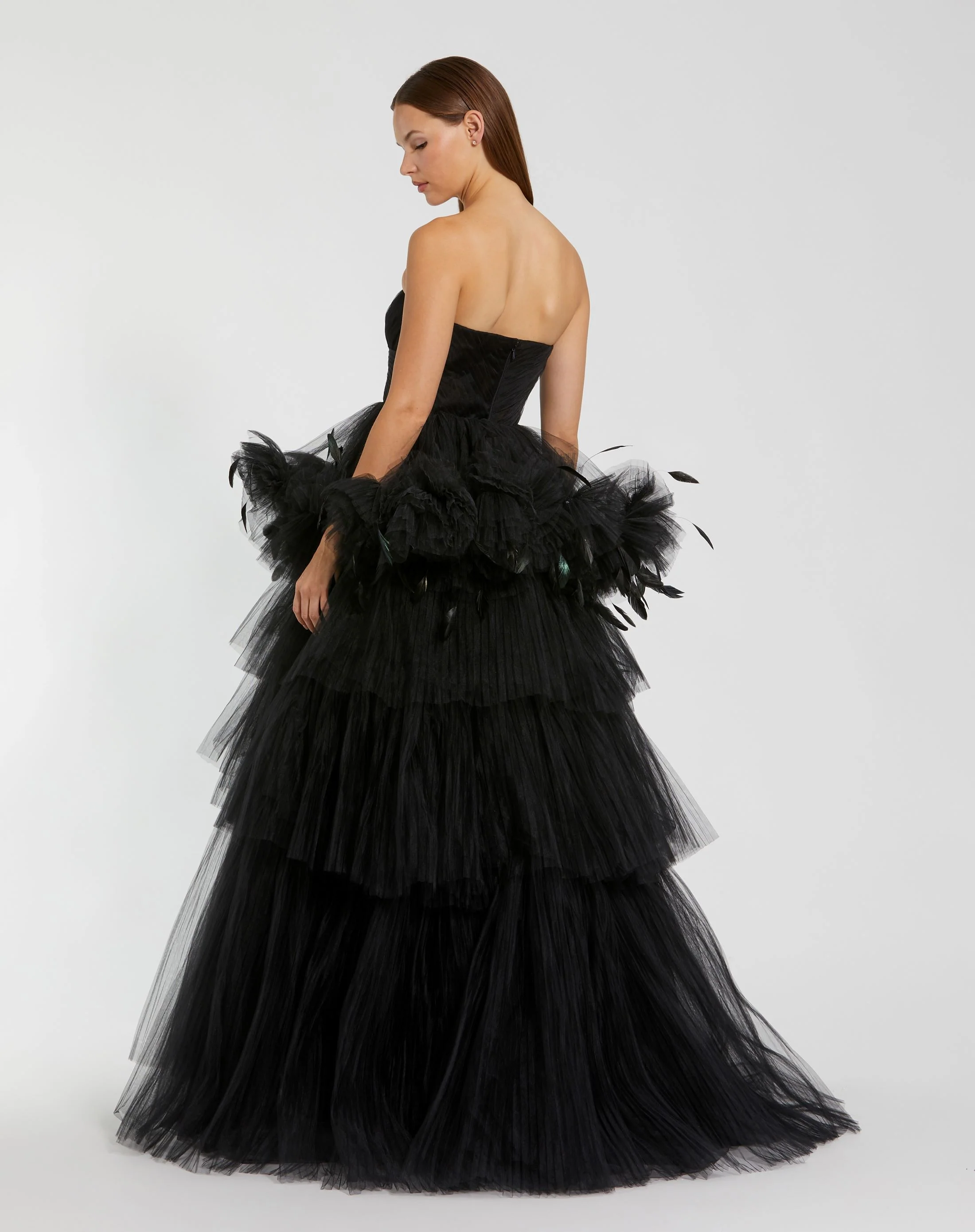 Black Strapless Tulle Gown with Feather Detail