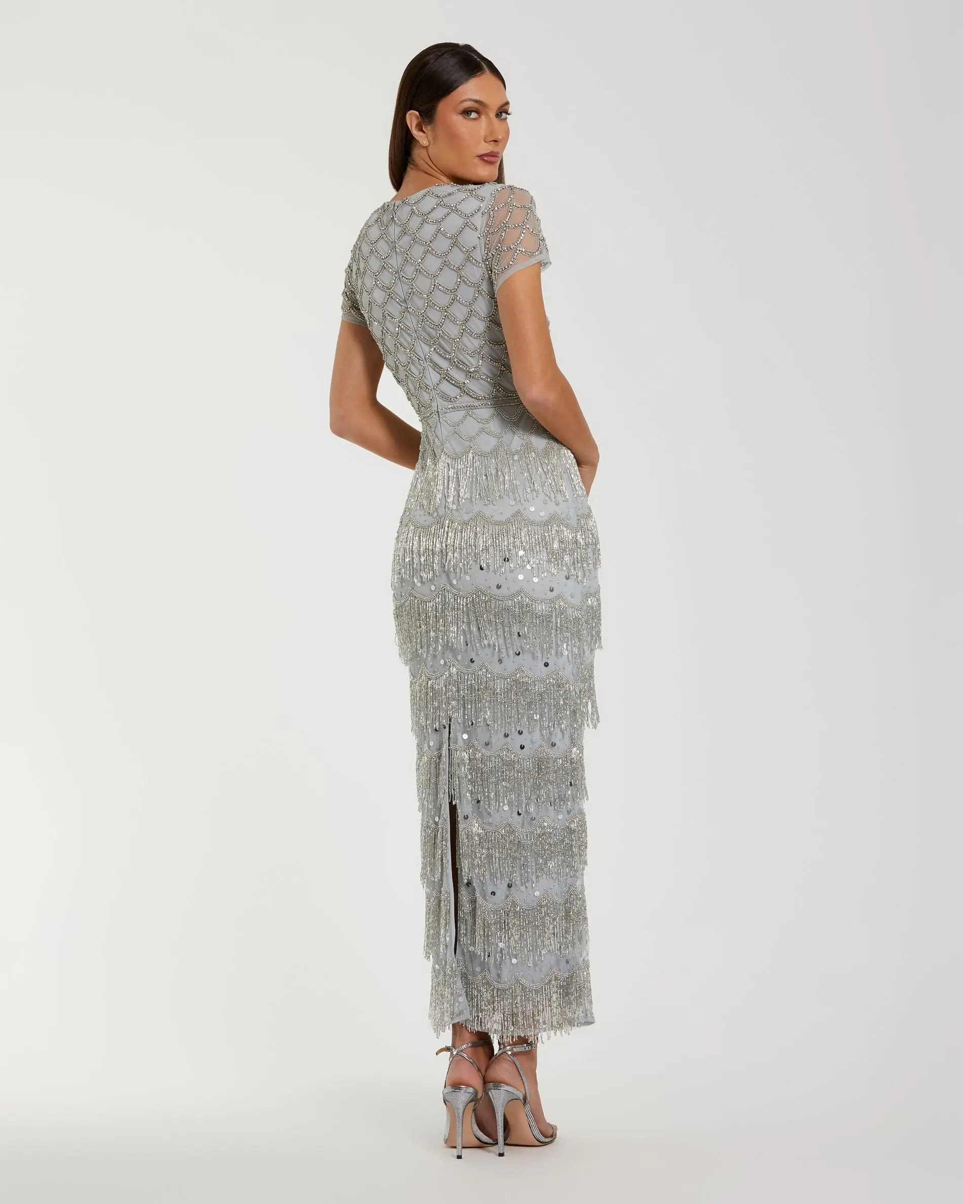 Blue Fringe Embellished Mesh Ankle Length Dress