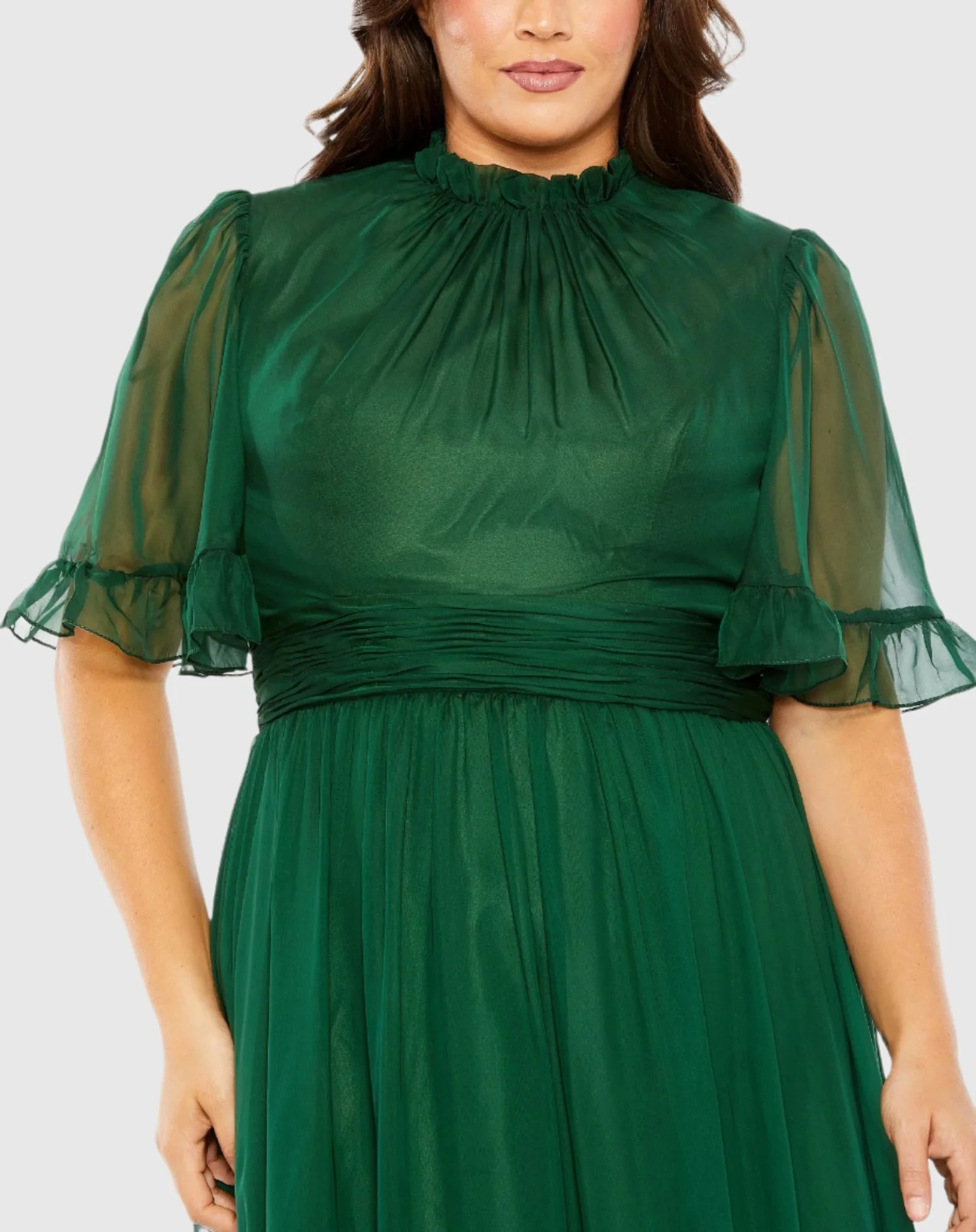 Green Ruffle Tiered High Low Flutter Sleeve Gown