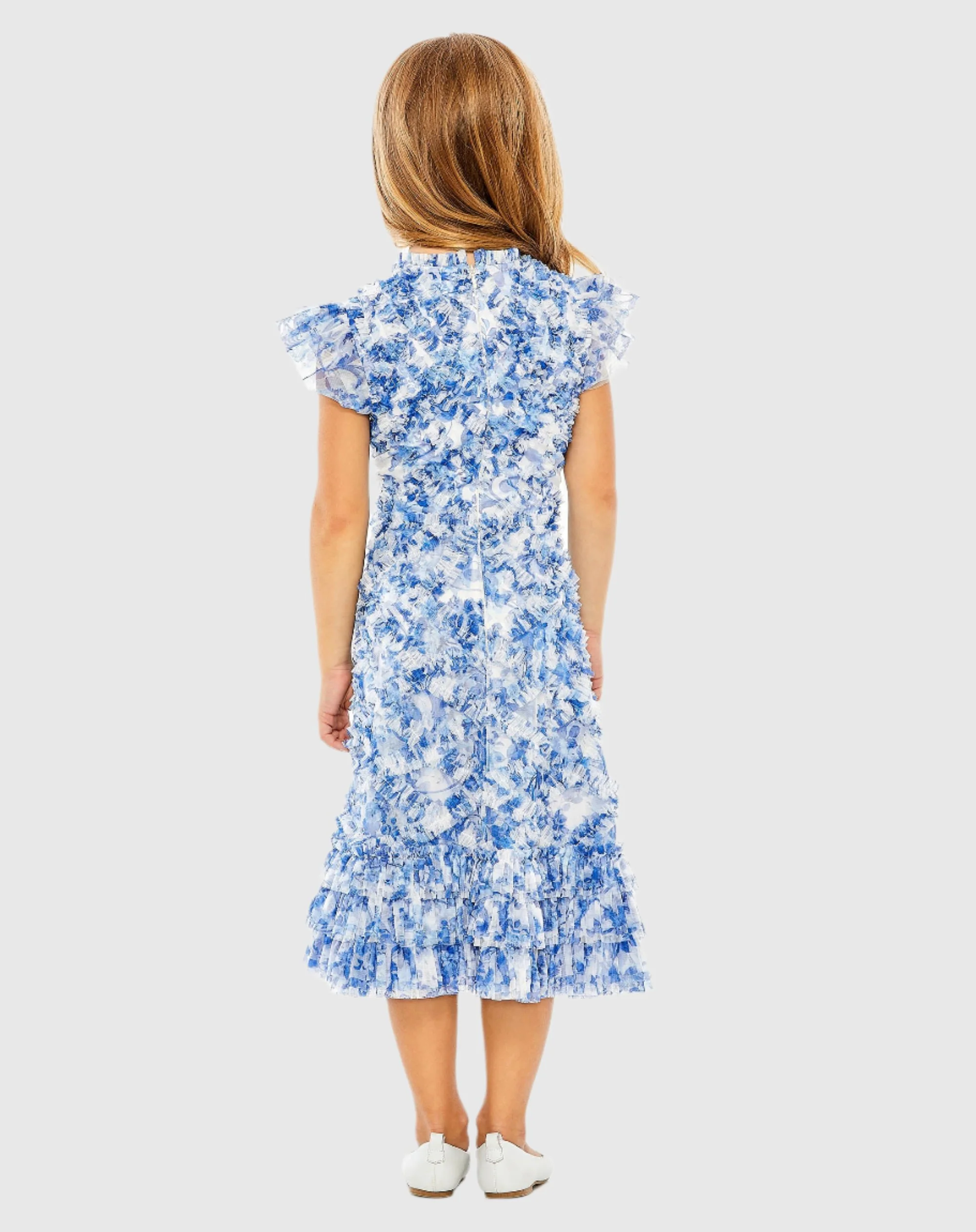 Blue Multicolor Girls High Neck Ruffle Tiered Mini Dress