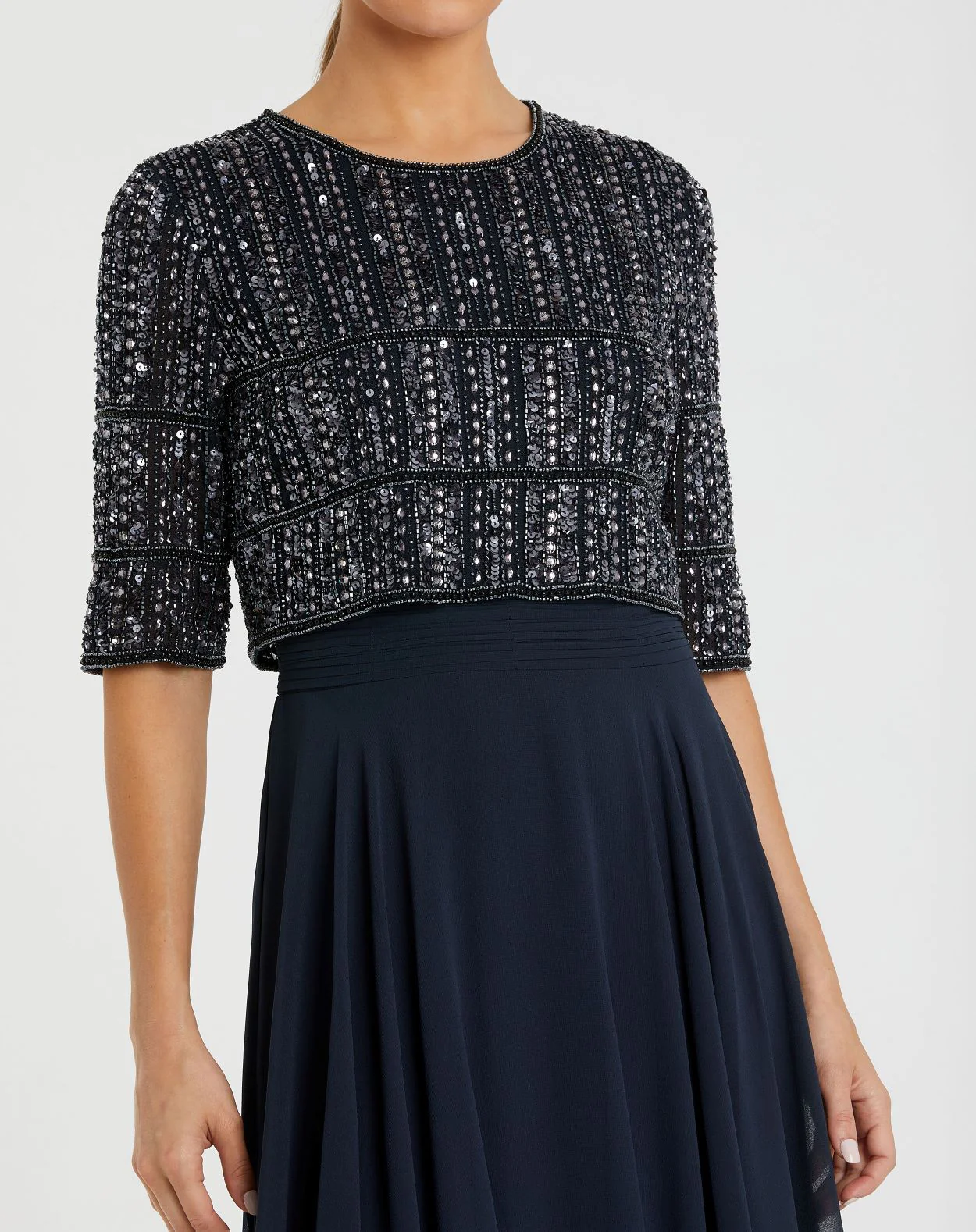Navy Chiffon Gown w/ Fully Beaded 3/4 Sleeve Top