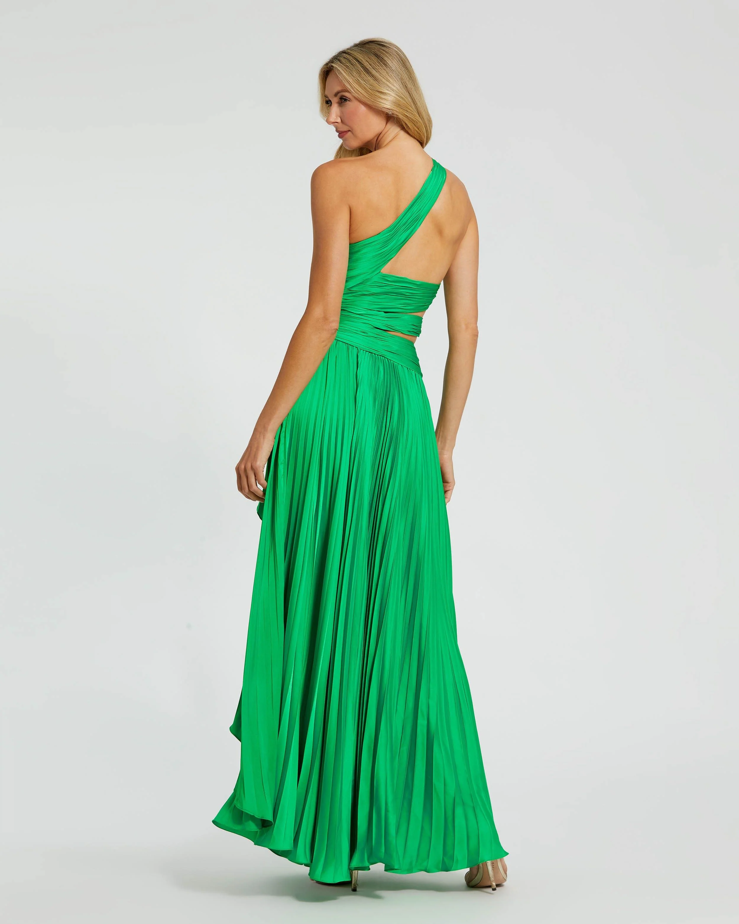 Green One Shoulder Pleated Charmeuse Gown with Slit