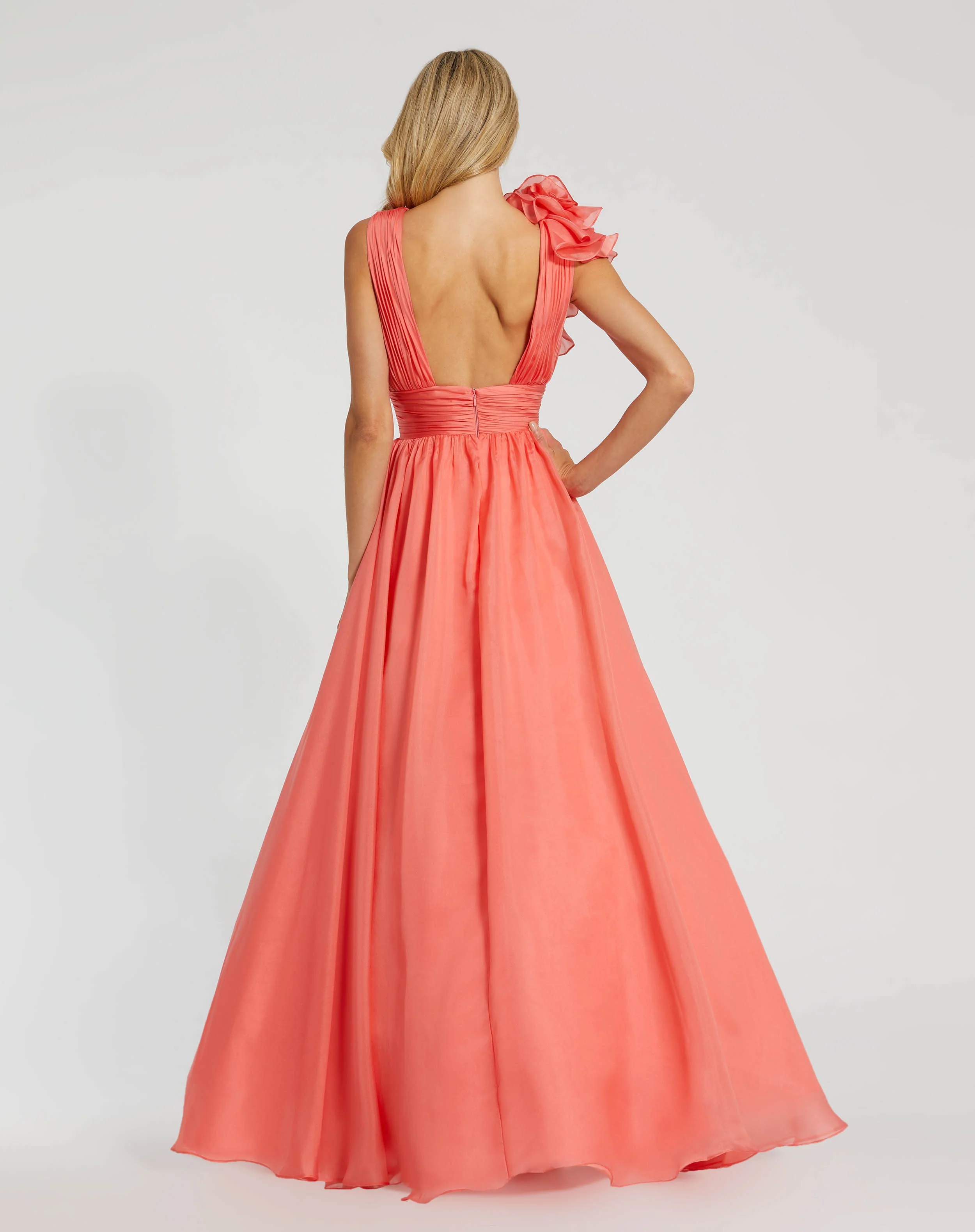 Coral Ruffle Shoulder V-Neck Chiffon Gown