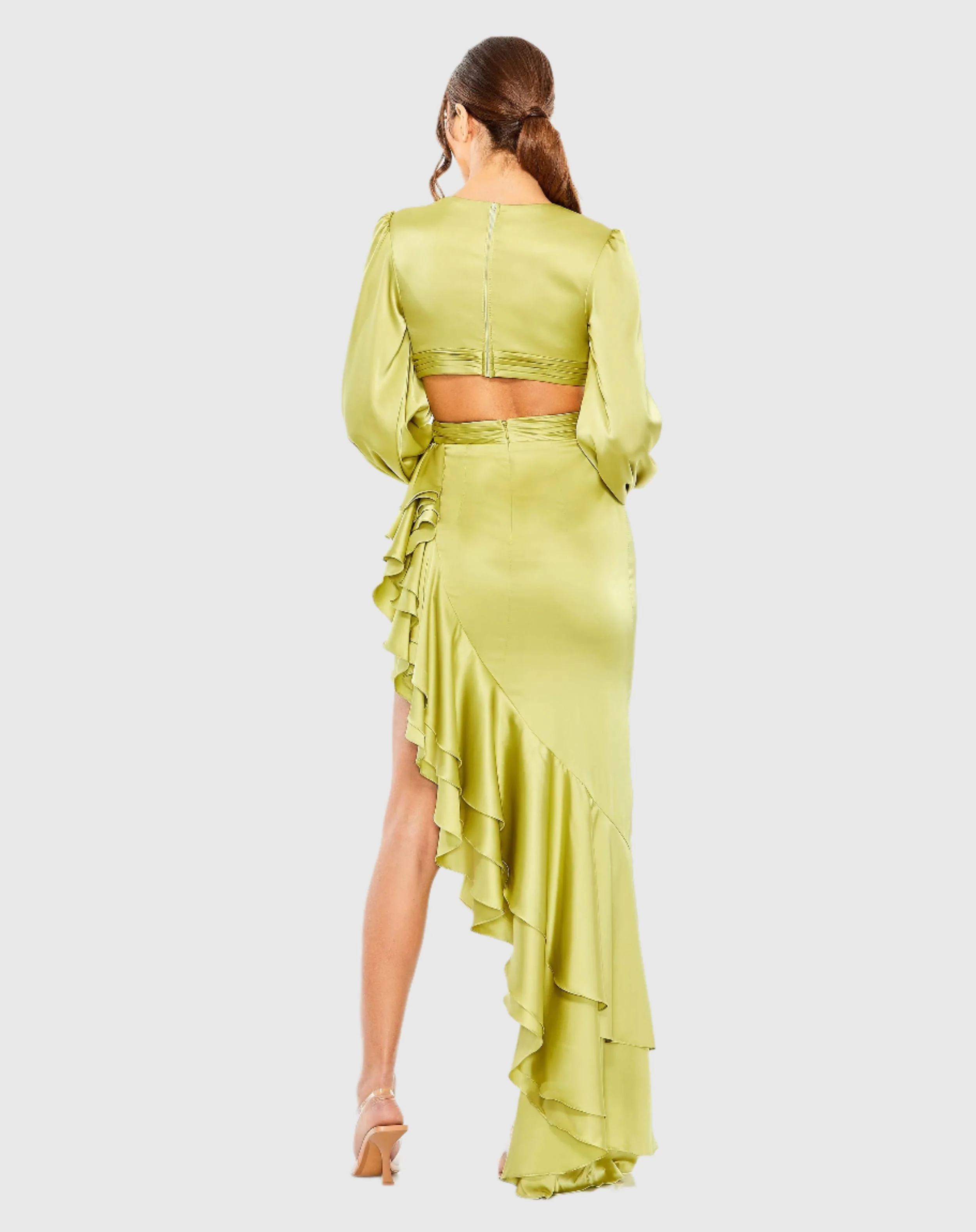 Green Cut Out Asymmetrical Ruffled Gown