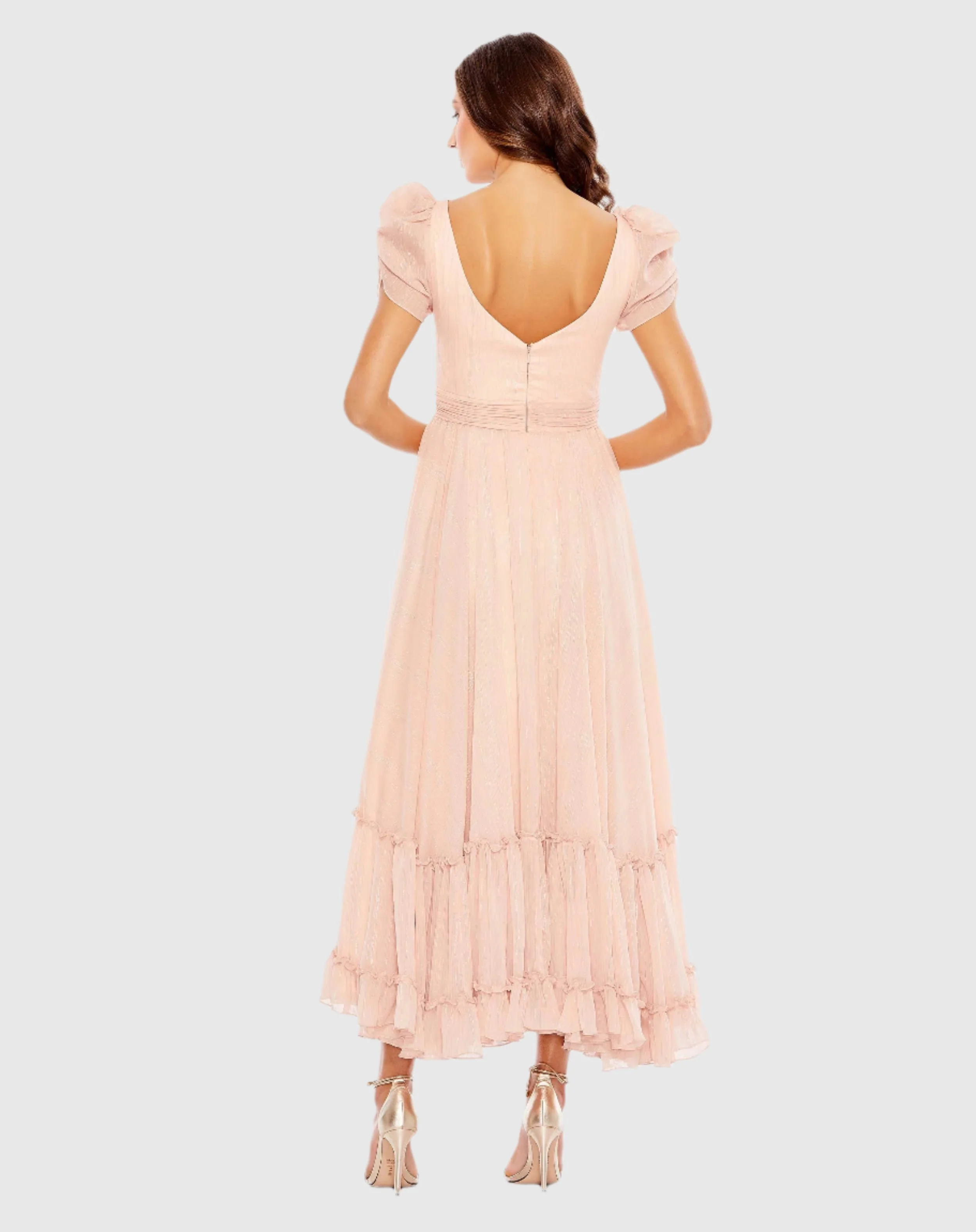 Pink Ruffle Tiered Metallic Ruched Shoulder Dress